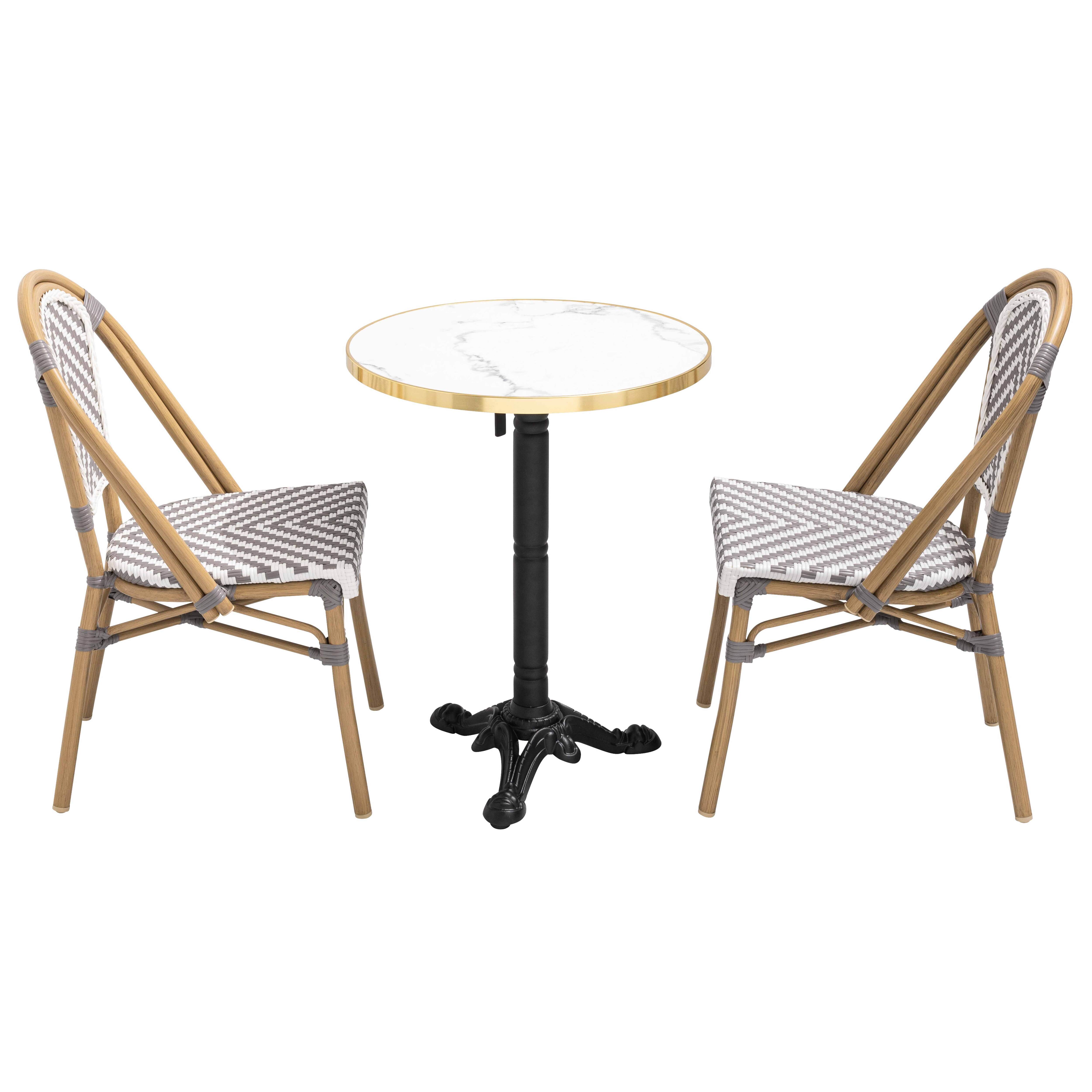 Table de terrasse bistrot inclinable effet marbre et pied en fonte Ø60 cm et 2 chaises en rotin synthétique et aluminium