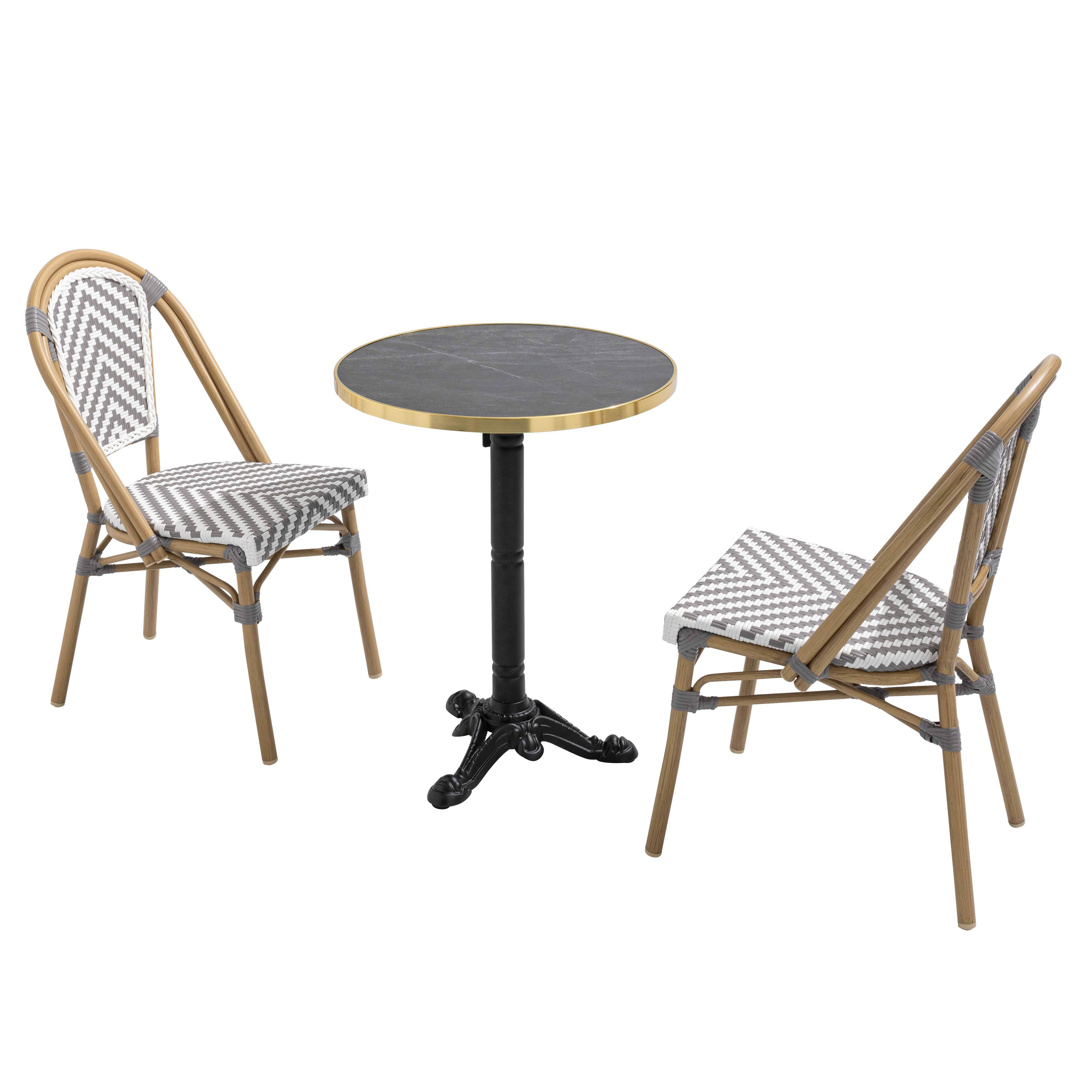Table de terrasse bistrot inclinable effet marbre et pied en fonte Ø60 cm et 2 chaises en rotin synthétique et aluminium