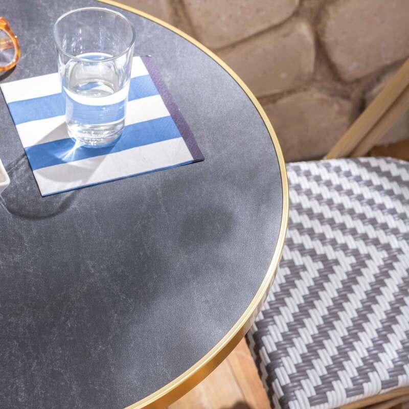 Table de terrasse ⌀60 cm inclinable stratifiée et 2 chaises style bistrot en aluminium
