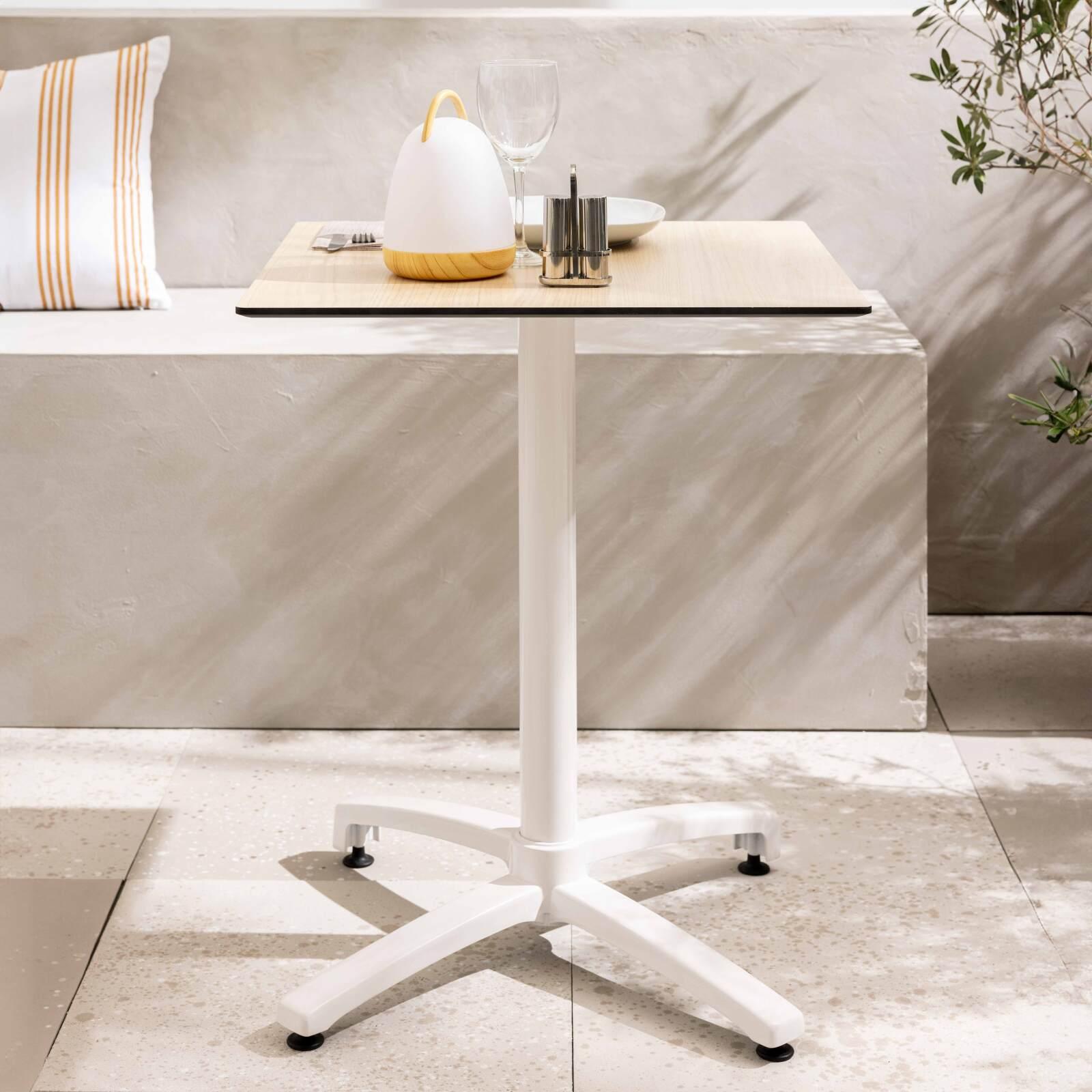 Table de restaurant carrée (60x60 cm) inclinable en HPL avec pied blanc