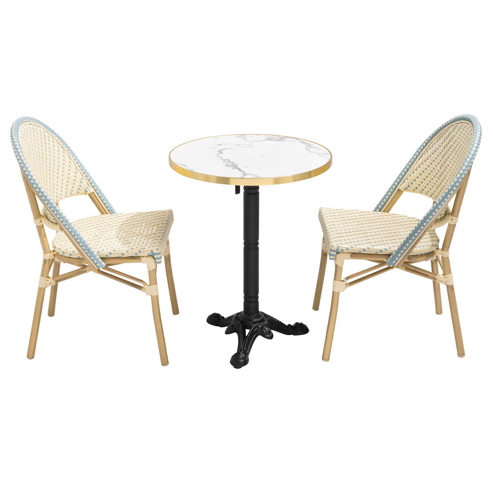 Table de terrasse ⌀60 cm inclinable stratifiée et 2 chaises style bistrot en aluminium et rotin synthétique