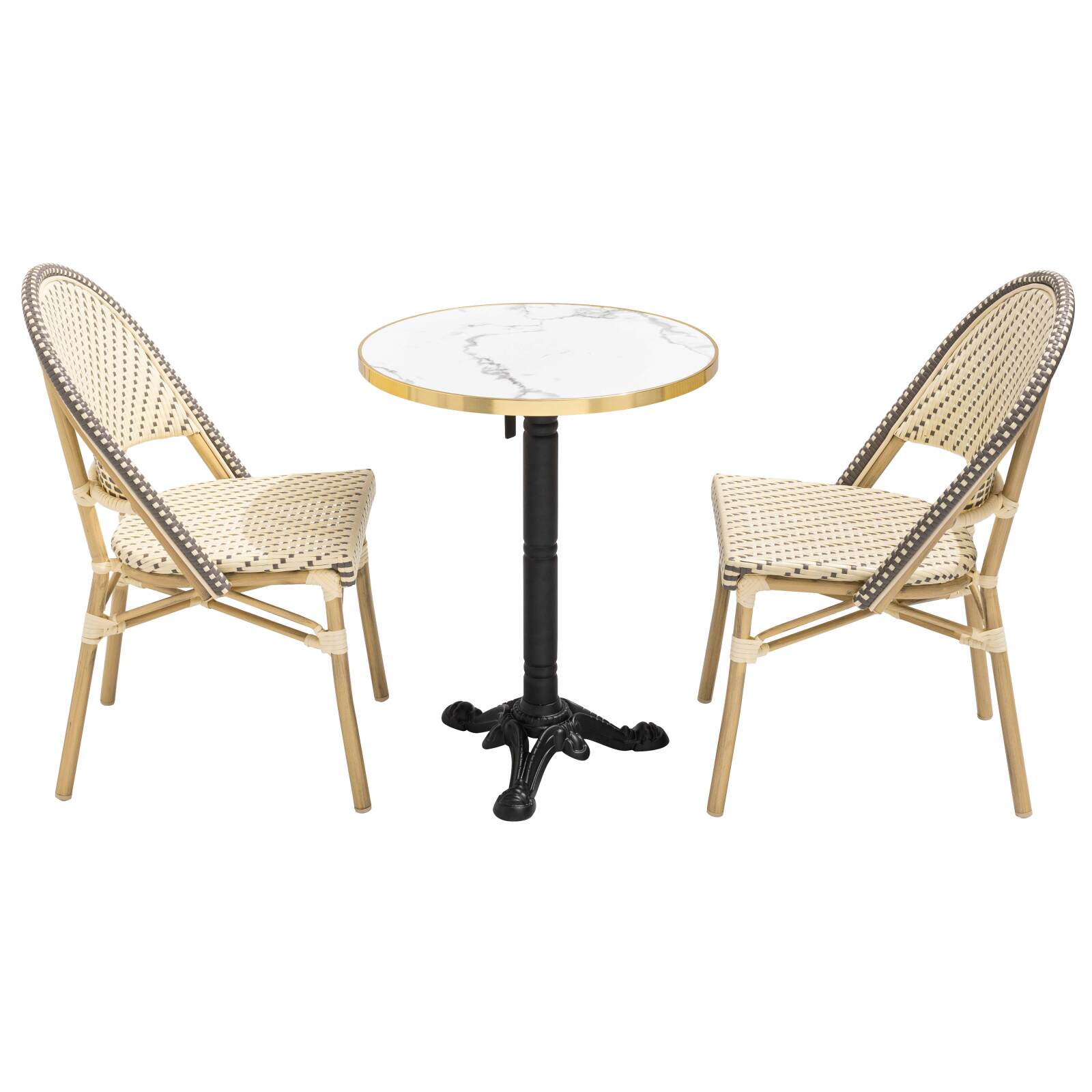 Table de terrasse ⌀60 cm inclinable stratifiée et 2 chaises style bistrot en aluminium et rotin synthétique
