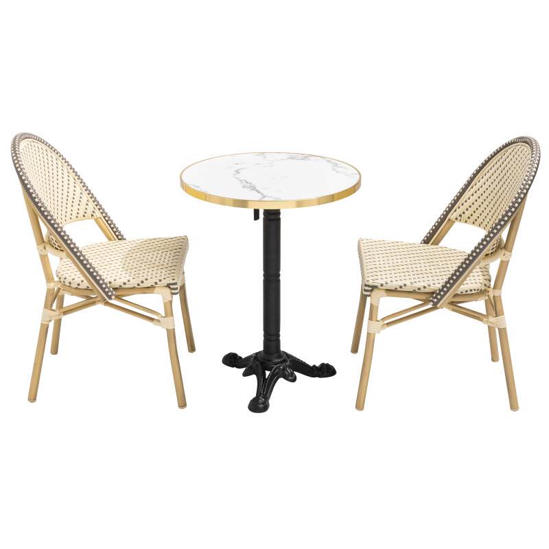 Table de terrasse ⌀60 cm inclinable stratifiée et 2 chaises style bistrot en aluminium et rotin synthétique (2/8)