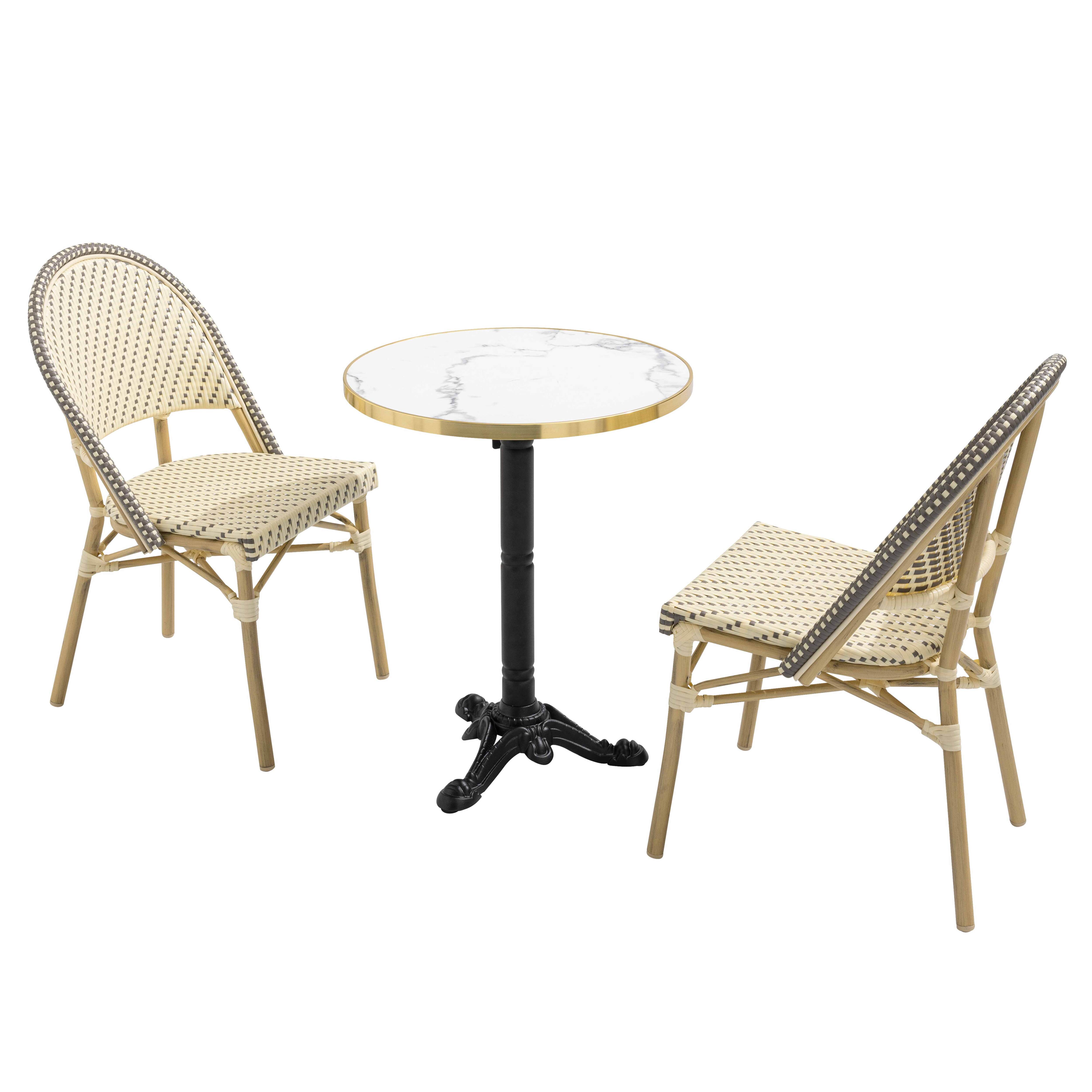 Table de terrasse bistrot inclinable effet marbre et pied en fonte Ø60 cm et 2 chaises en rotin synthétique et aluminium