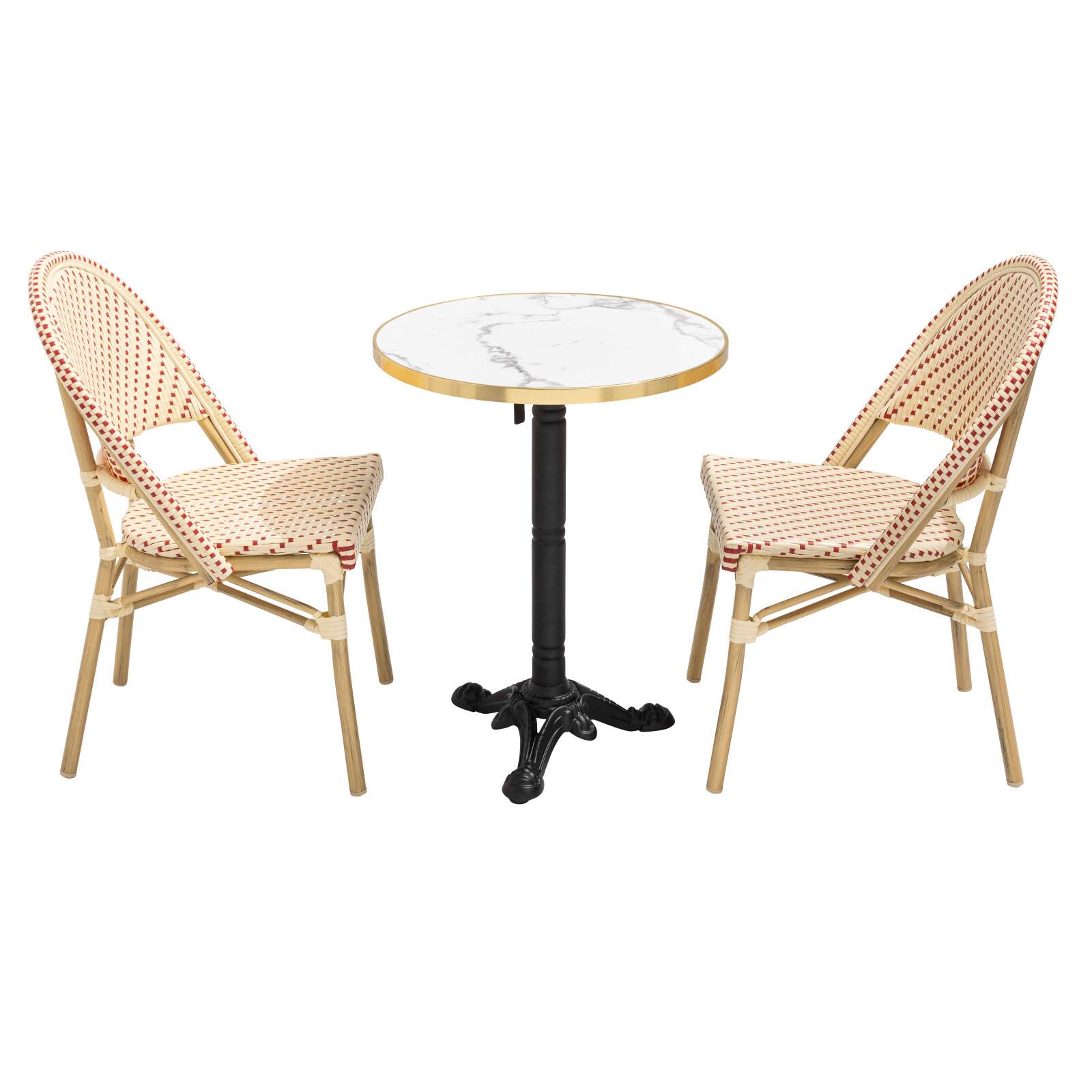Table de terrasse ⌀60 cm inclinable stratifiée et 2 chaises style bistrot en aluminium et rotin synthétique