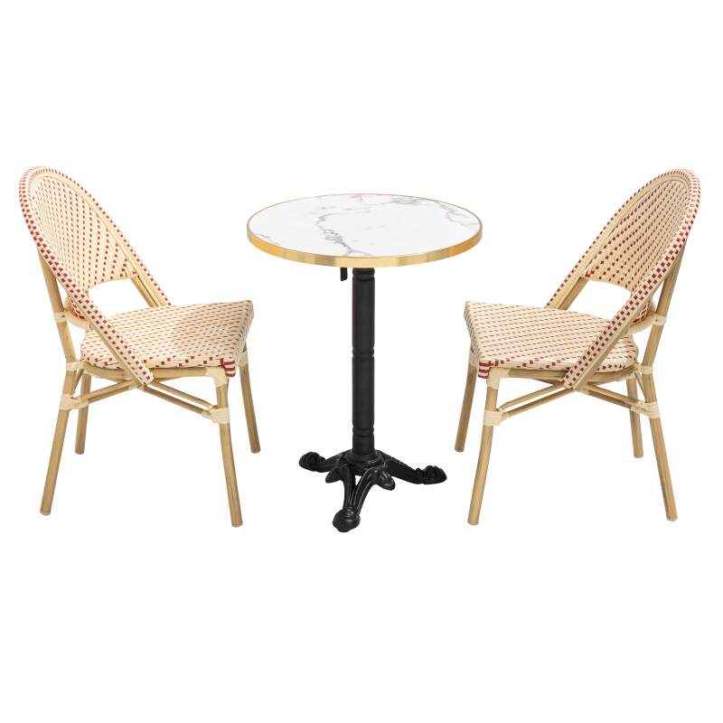 Table de terrasse ⌀60 cm inclinable stratifiée et 2 chaises style bistrot en aluminium et rotin synthétique