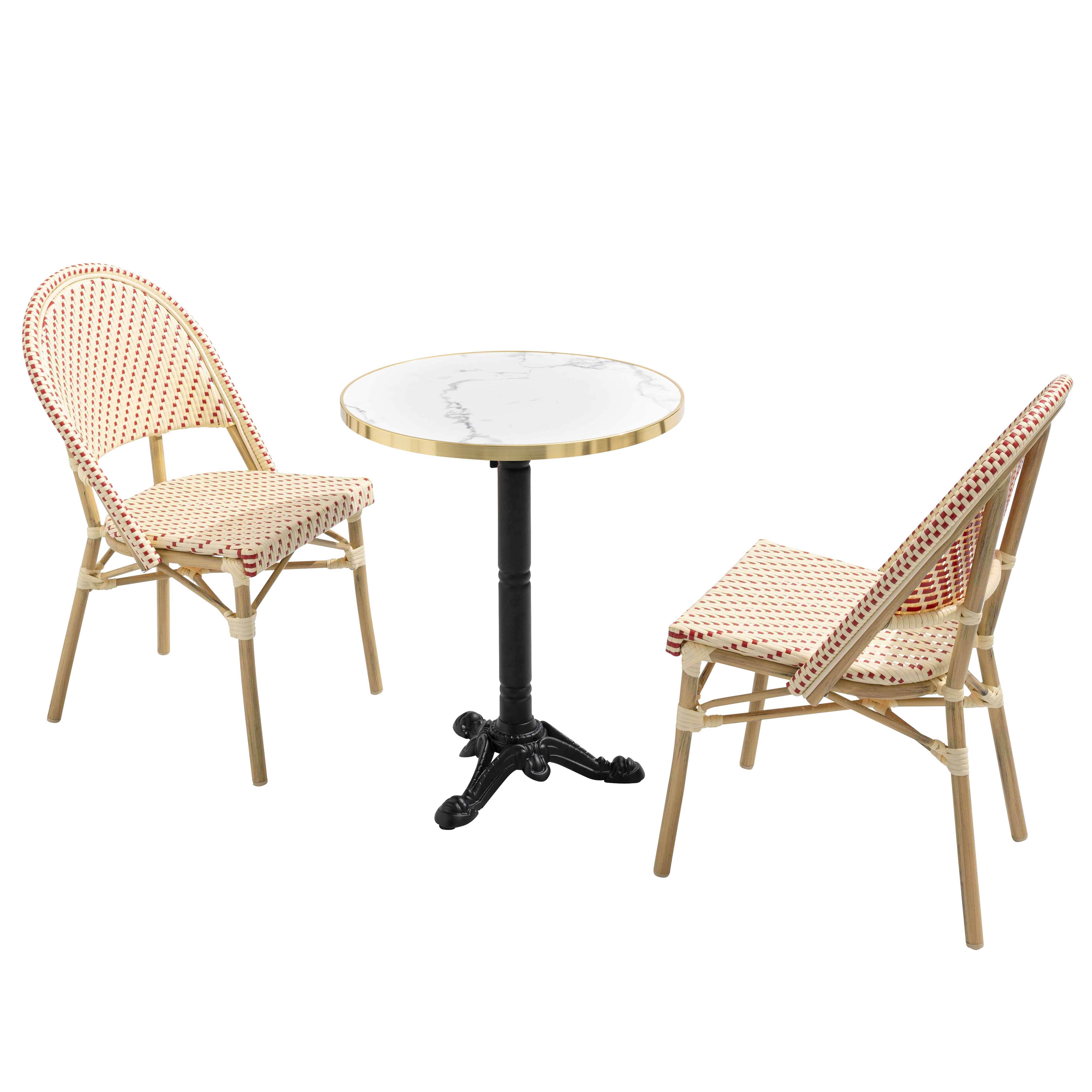 Table de terrasse bistrot inclinable effet marbre et pied en fonte Ø60 cm et 2 chaises en rotin synthétique et aluminium