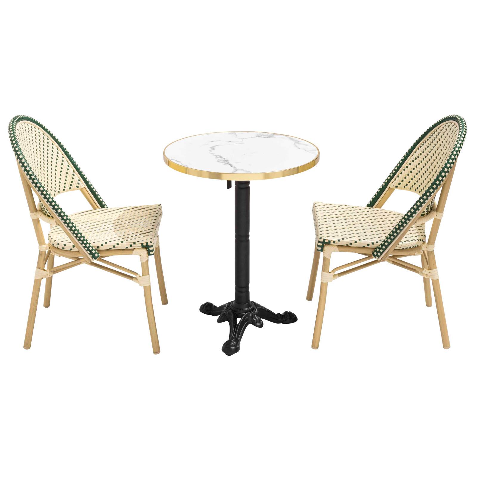 Table de terrasse ⌀60 cm inclinable stratifiée et 2 chaises style bistrot en aluminium et rotin synthétique