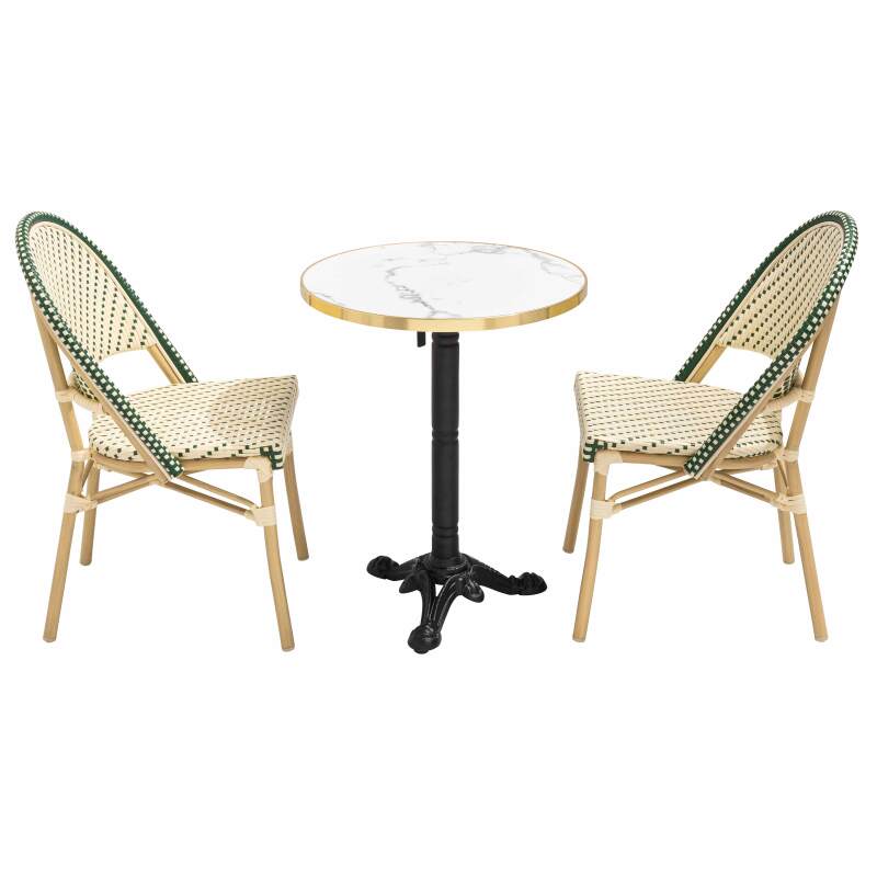 Table de terrasse ⌀60 cm inclinable stratifiée et 2 chaises style bistrot en aluminium et rotin synthétique