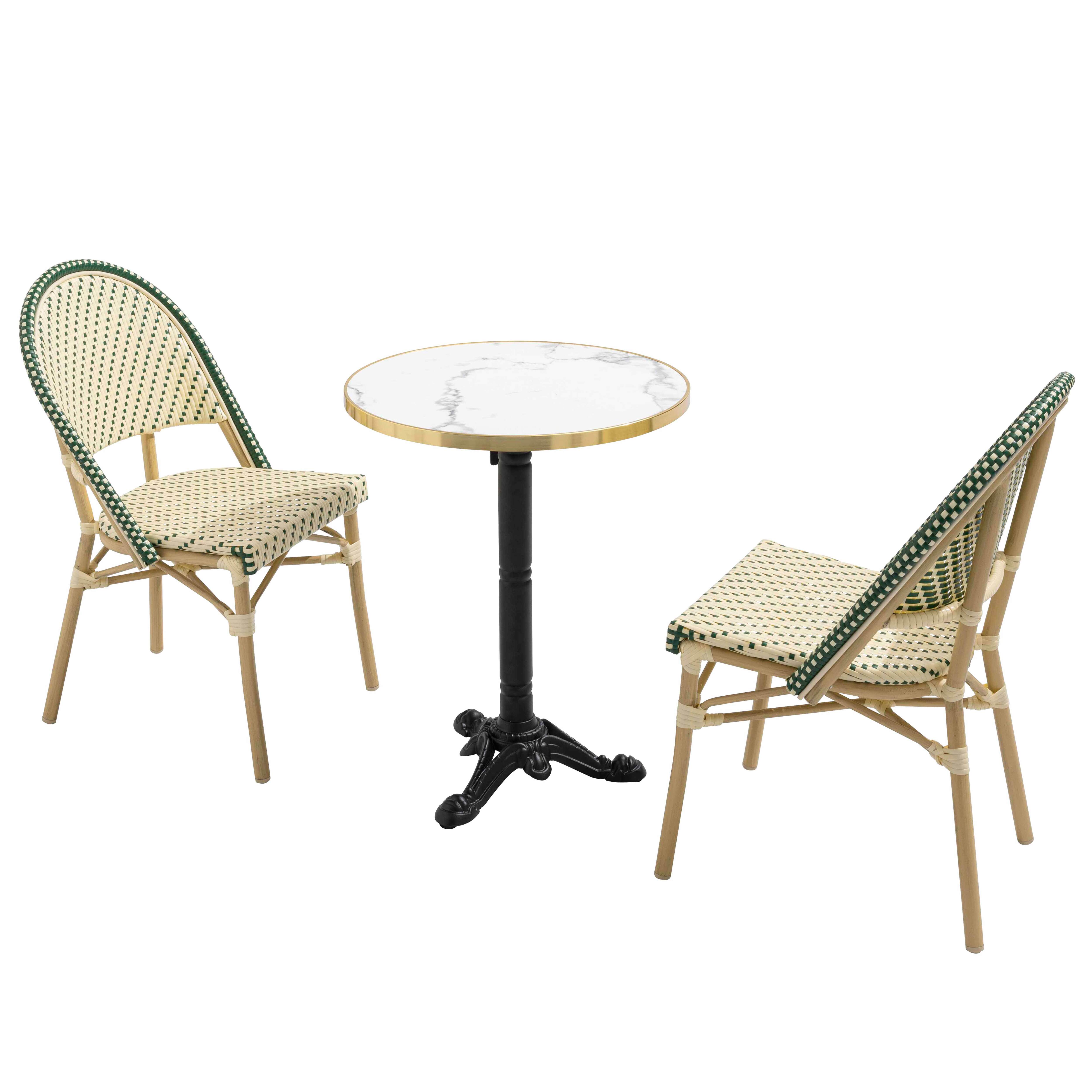 Table de terrasse bistrot inclinable effet marbre et pied en fonte Ø60 cm et 2 chaises en rotin synthétique et aluminium