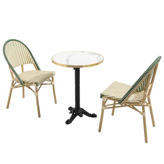 Table de terrasse bistrot inclinable effet marbre et pied en fonte Ø60 cm et 2 chaises en rotin synthétique et aluminium | Mobev