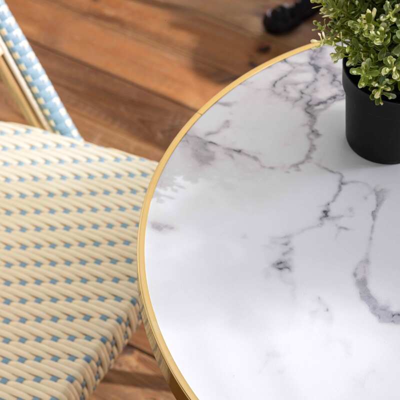 Table de terrasse ⌀60 cm inclinable stratifiée et 2 chaises style bistrot en aluminium et rotin synthétique