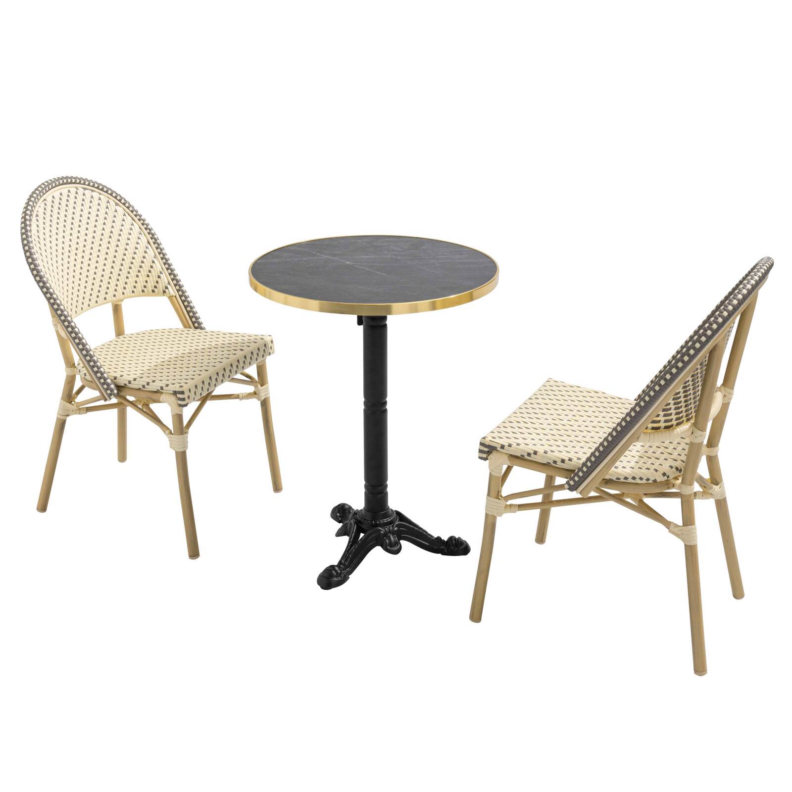 Table de terrasse ⌀60 cm inclinable stratifiée et 2 chaises style bistrot en aluminium et rotin synthétique
