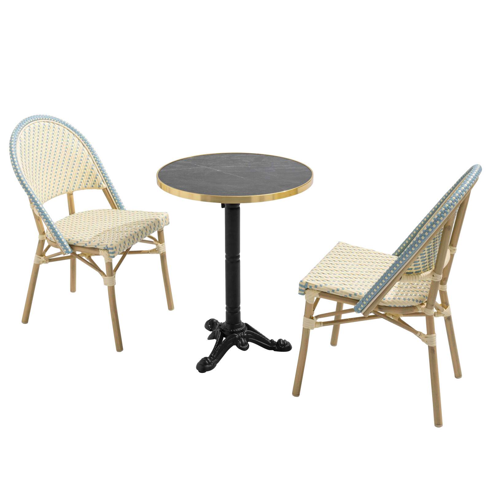Table de terrasse ⌀60 cm inclinable stratifiée et 2 chaises style bistrot en aluminium et rotin synthétique