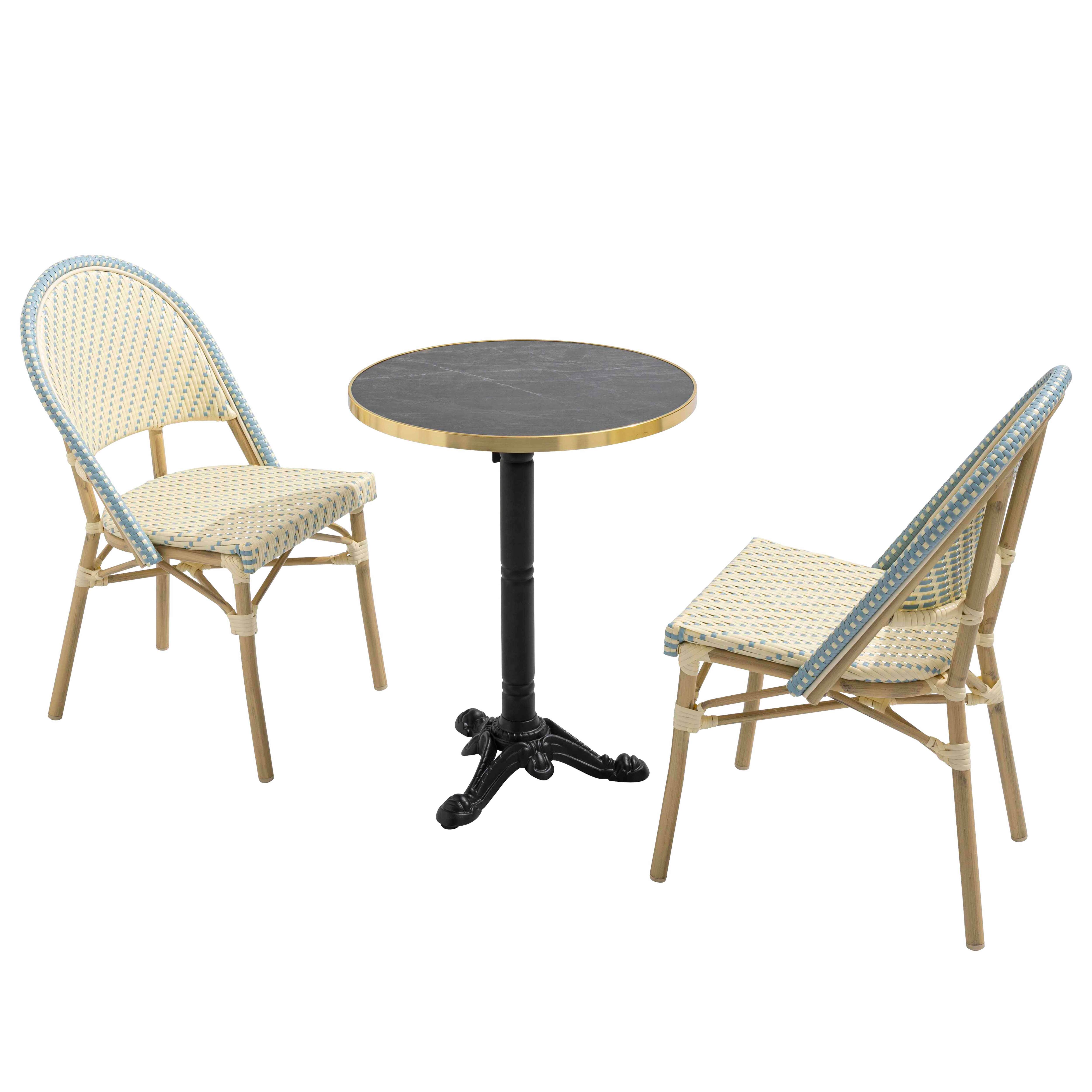 Table de terrasse bistrot inclinable effet marbre et pied en fonte Ø60 cm et 2 chaises en rotin synthétique et aluminium