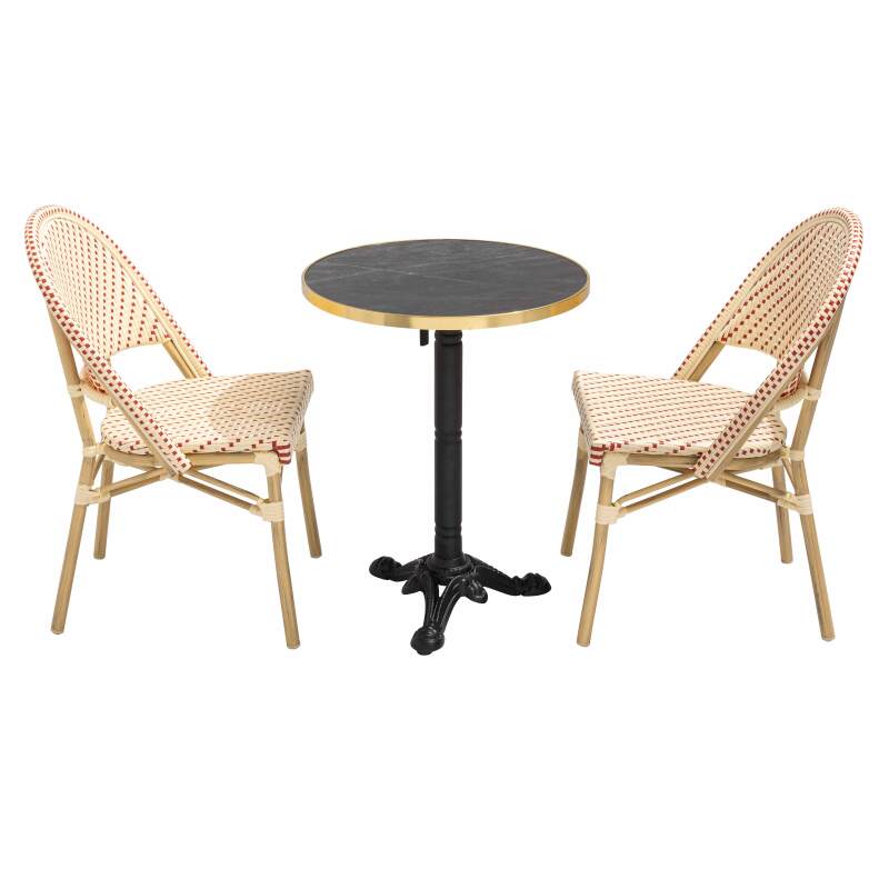 Table de terrasse ⌀60 cm inclinable stratifiée et 2 chaises style bistrot en aluminium et rotin synthétique (3/8)