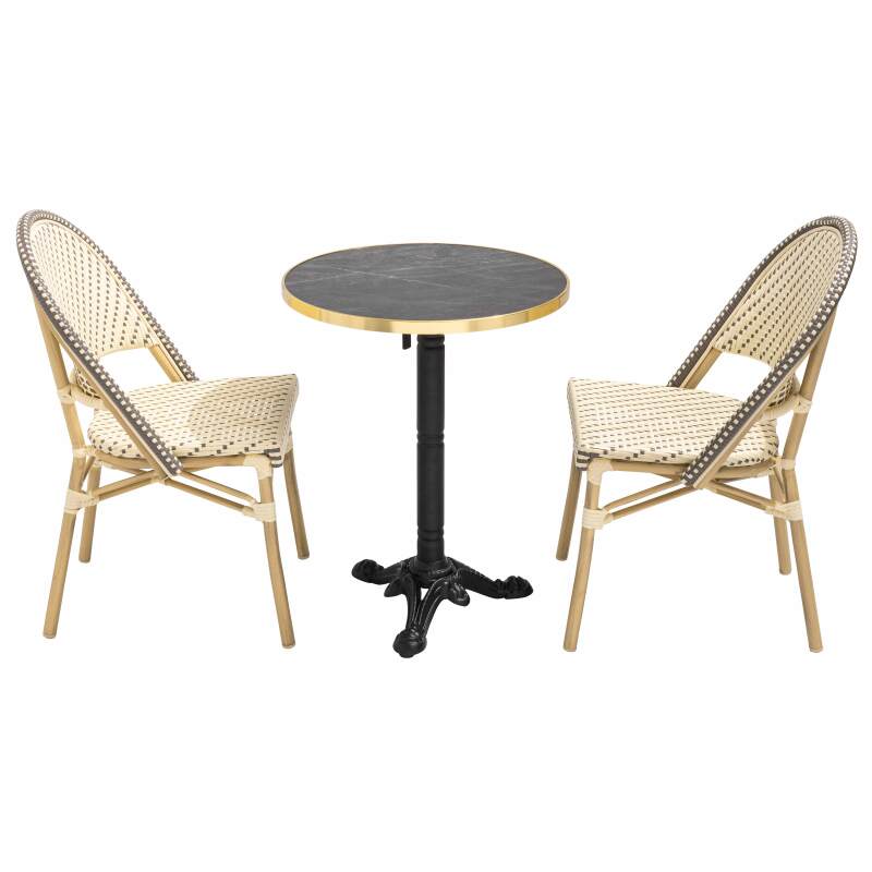Table de terrasse ⌀60 cm inclinable stratifiée et 2 chaises style bistrot en aluminium et rotin synthétique (4/9)