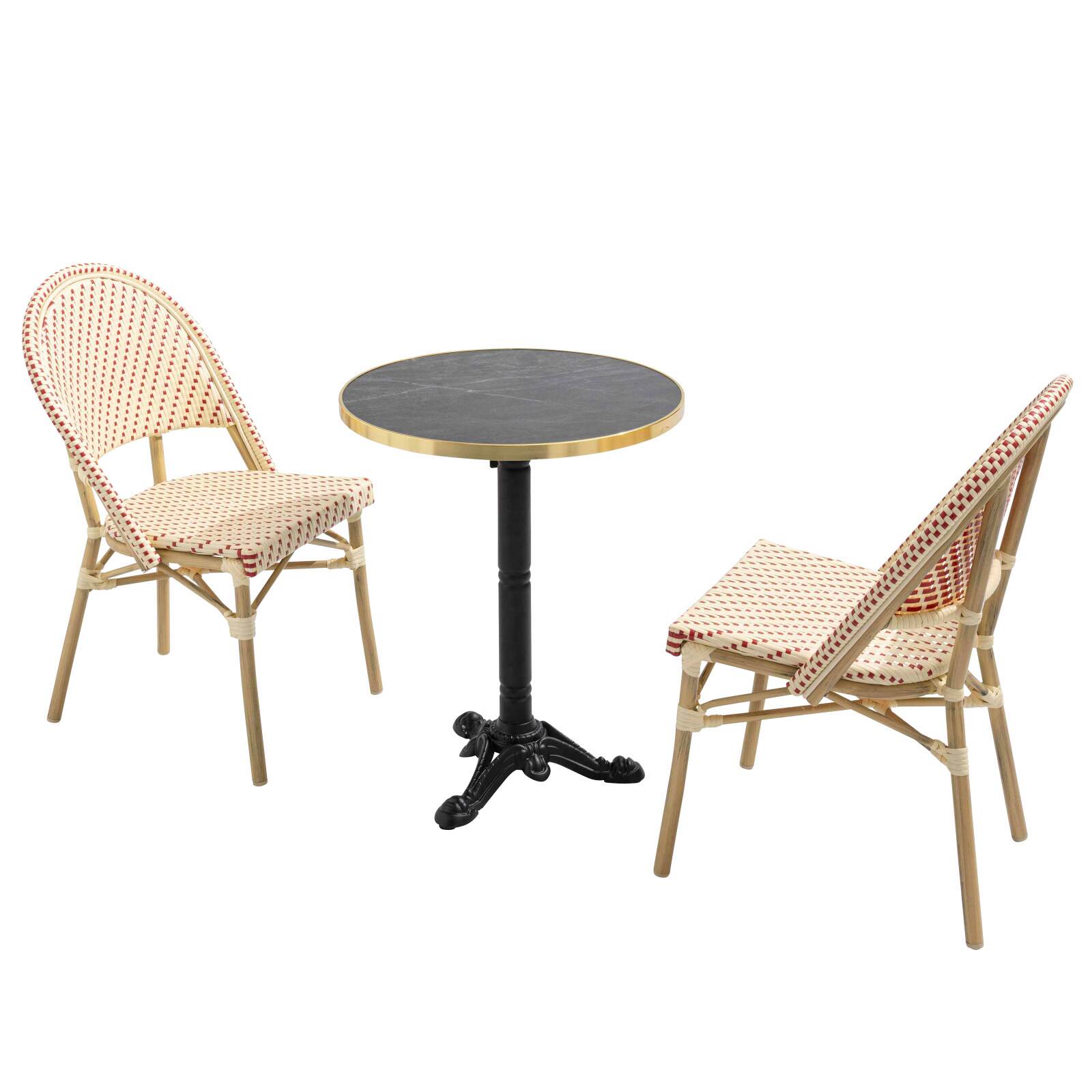 Table de terrasse ⌀60 cm inclinable stratifiée et 2 chaises style bistrot en aluminium et rotin synthétique