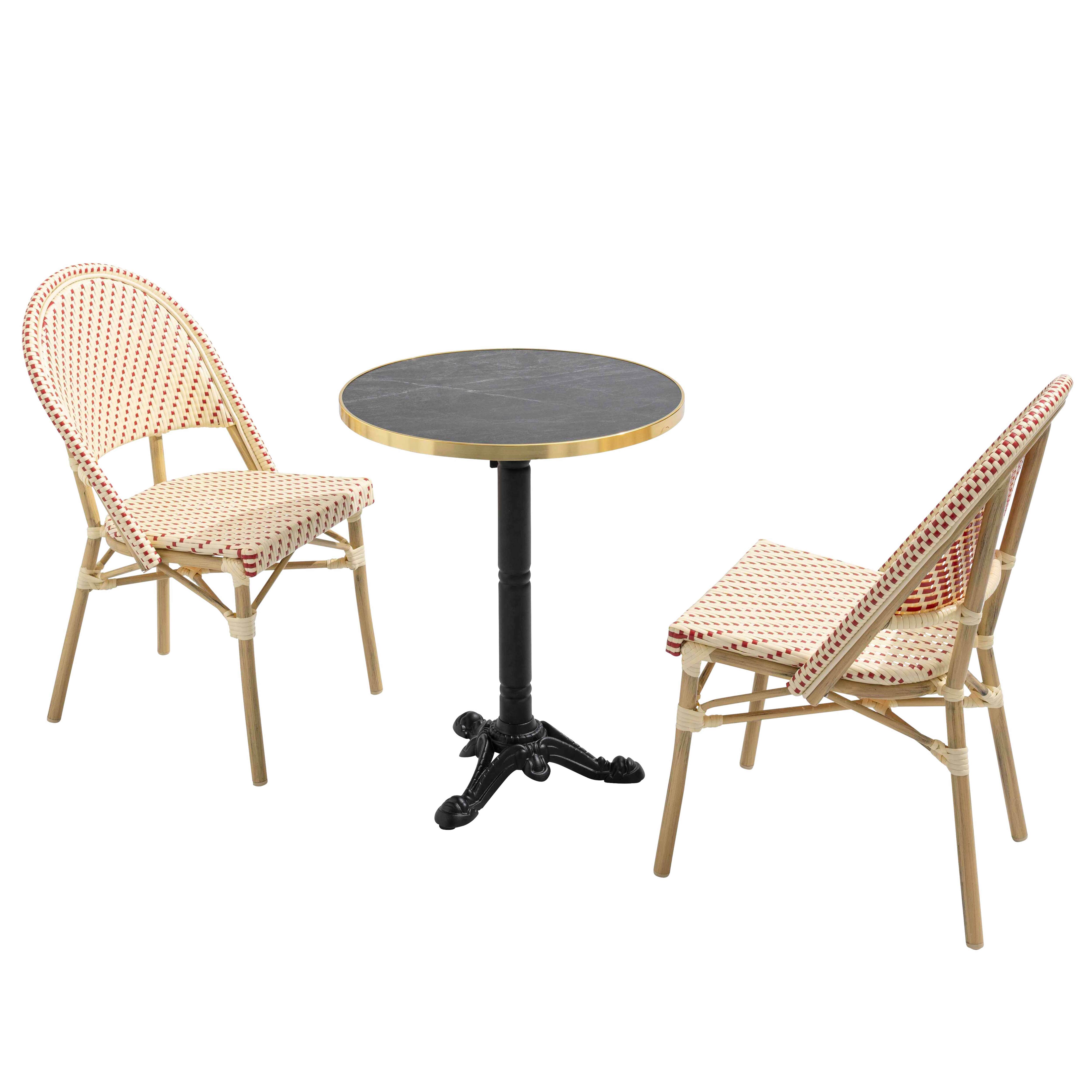 Table de terrasse bistrot inclinable effet marbre et pied en fonte Ø60 cm et 2 chaises en rotin synthétique et aluminium