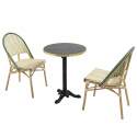 Table de terrasse ⌀60 cm inclinable stratifiée et 2 chaises style bistrot en aluminium et rotin synthétique