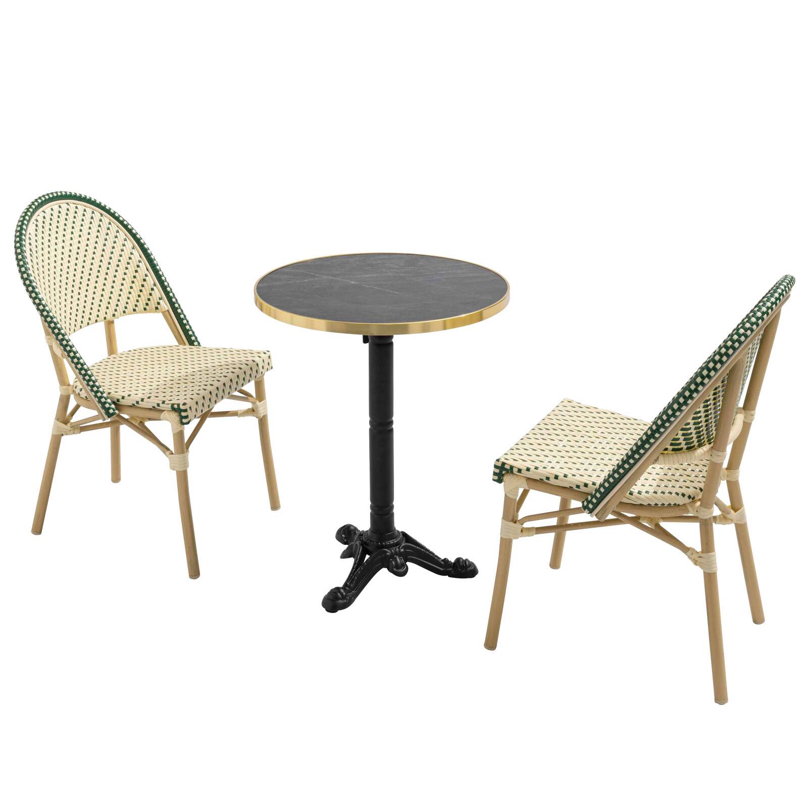 Table de terrasse ⌀60 cm inclinable stratifiée et 2 chaises style bistrot en aluminium et rotin synthétique