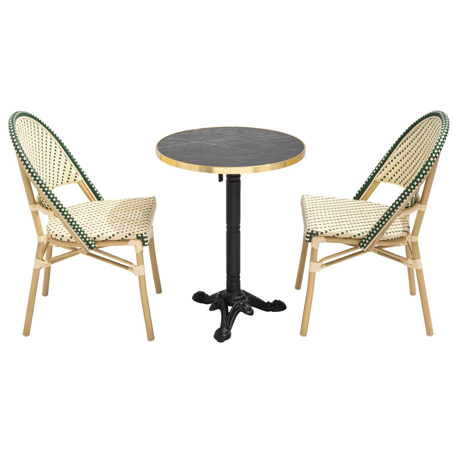 Table de terrasse ⌀60 cm inclinable stratifiée et 2 chaises style bistrot en aluminium et rotin synthétique