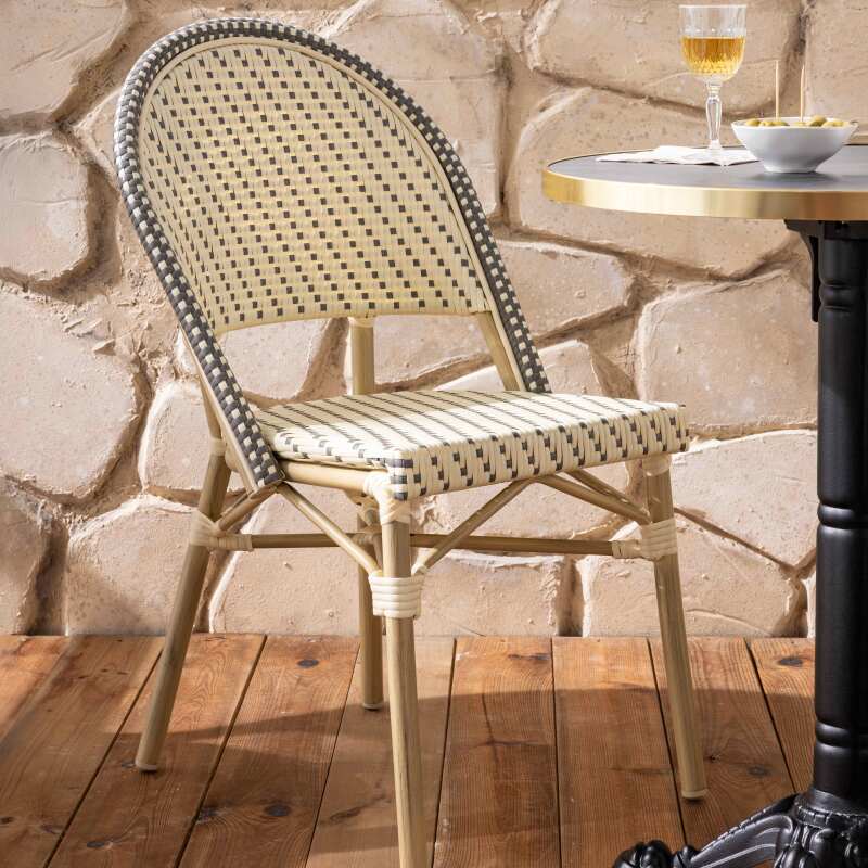 Table de terrasse ⌀60 cm inclinable stratifiée et 2 chaises style bistrot en aluminium et rotin synthétique