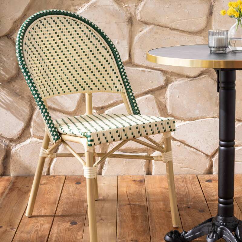 Table de terrasse ⌀60 cm inclinable stratifiée et 2 chaises style bistrot en aluminium et rotin synthétique