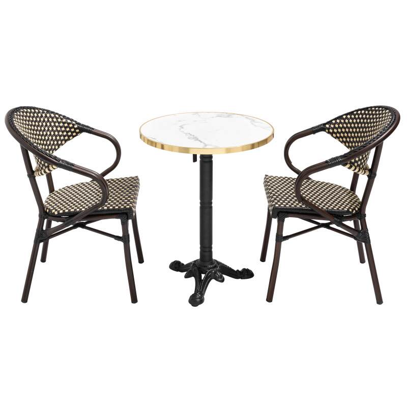 Table de terrasse ⌀60 cm inclinable stratifiée et 2 chaises bistrot en aluminium et rotin synthétique