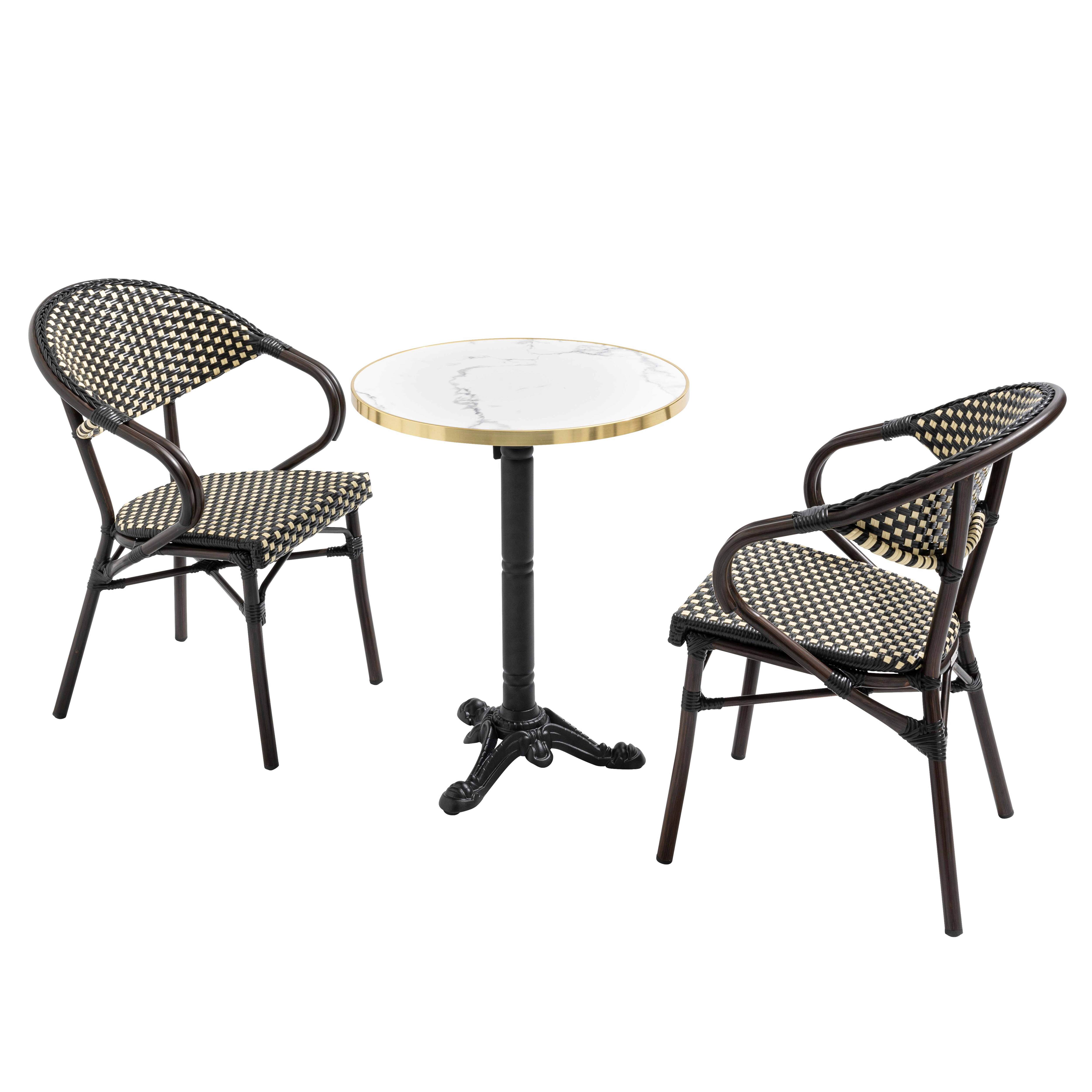Table de terrasse bistrot inclinable effet marbre et pied en fonte Ø60 cm et 2 chaises en rotin synthétique et aluminium