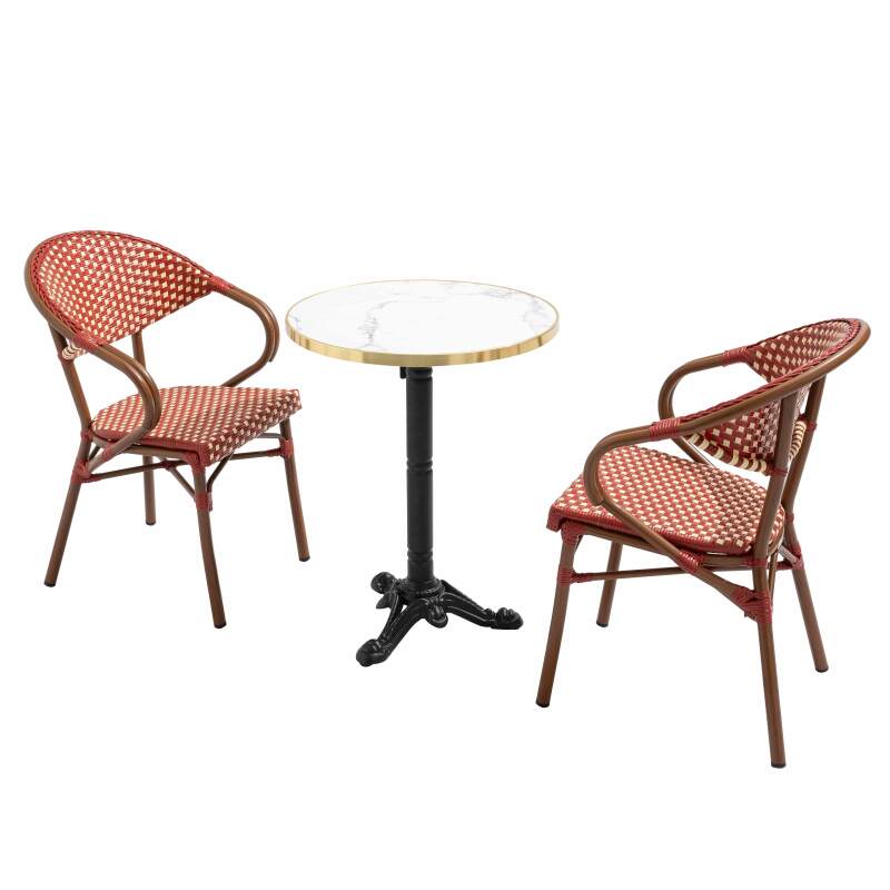 Table de terrasse ⌀60 cm inclinable stratifiée et 2 chaises bistrot en aluminium et rotin synthétique