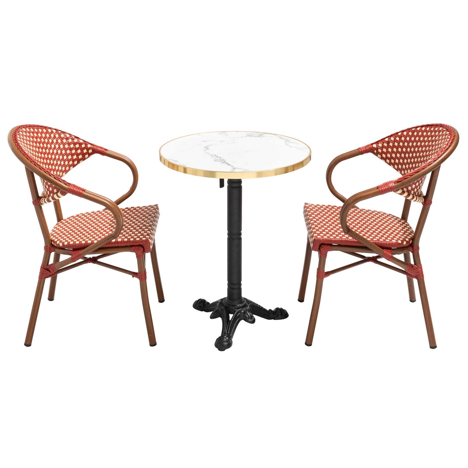 Table de terrasse ⌀60 cm inclinable stratifiée et 2 chaises bistrot en aluminium et rotin synthétique
