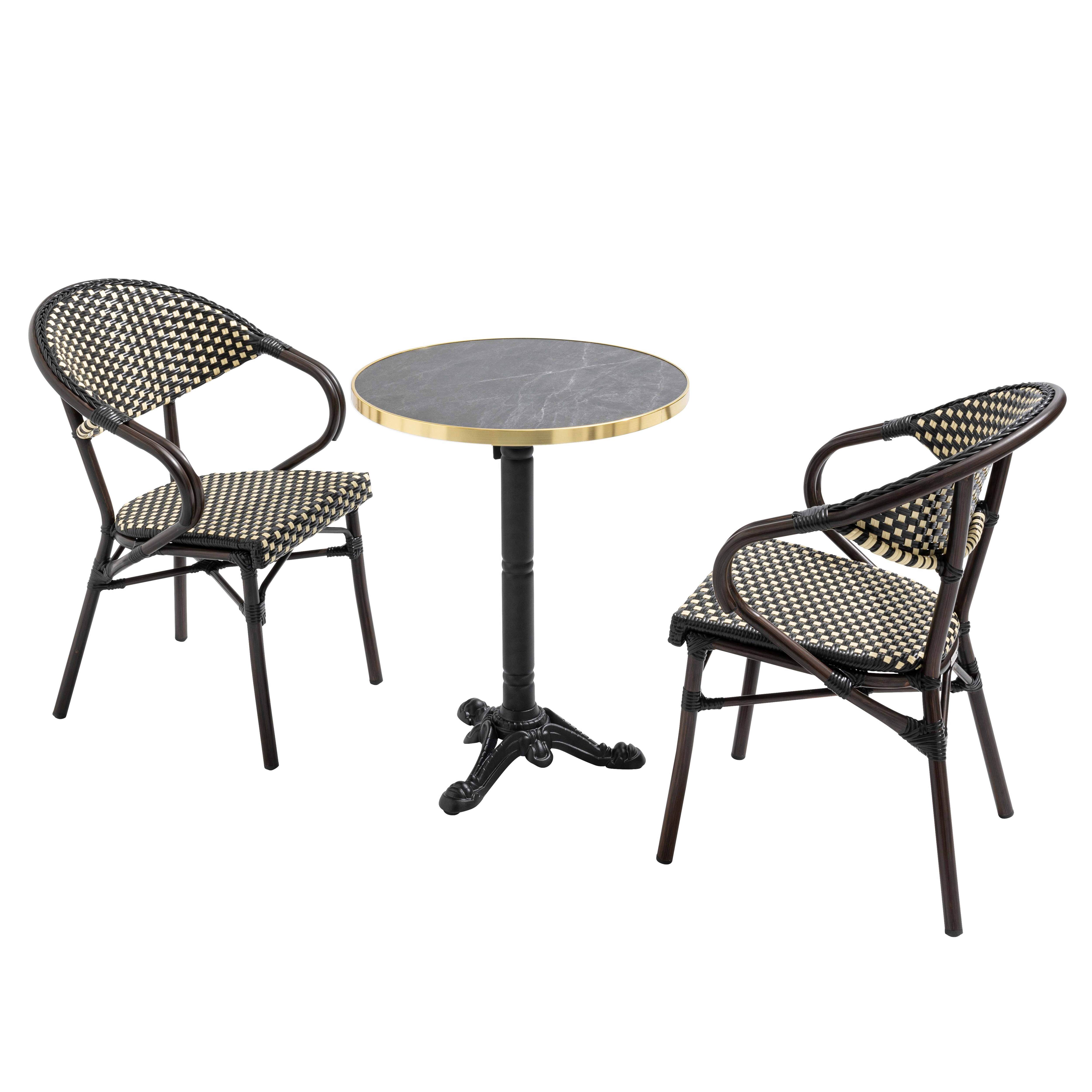 Table de terrasse bistrot inclinable effet marbre et pied en fonte Ø60 cm et 2 chaises en rotin synthétique et aluminium