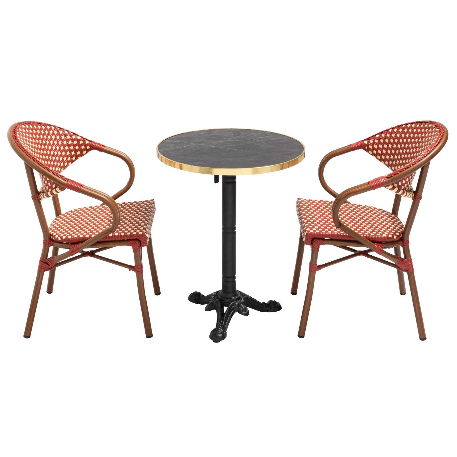 Table de terrasse ⌀60 cm inclinable stratifiée et 2 chaises bistrot en aluminium et rotin synthétique