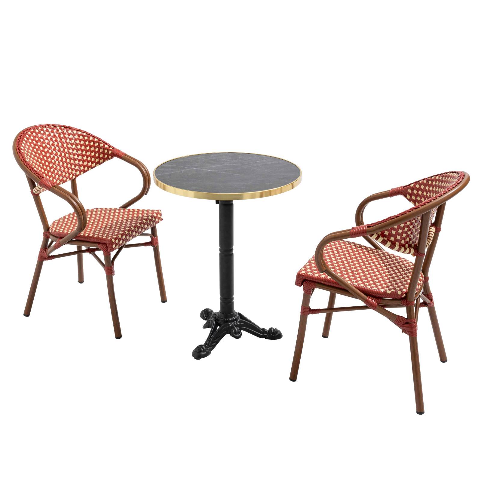 Table de terrasse ⌀60 cm inclinable stratifiée et 2 chaises bistrot en aluminium et rotin synthétique
