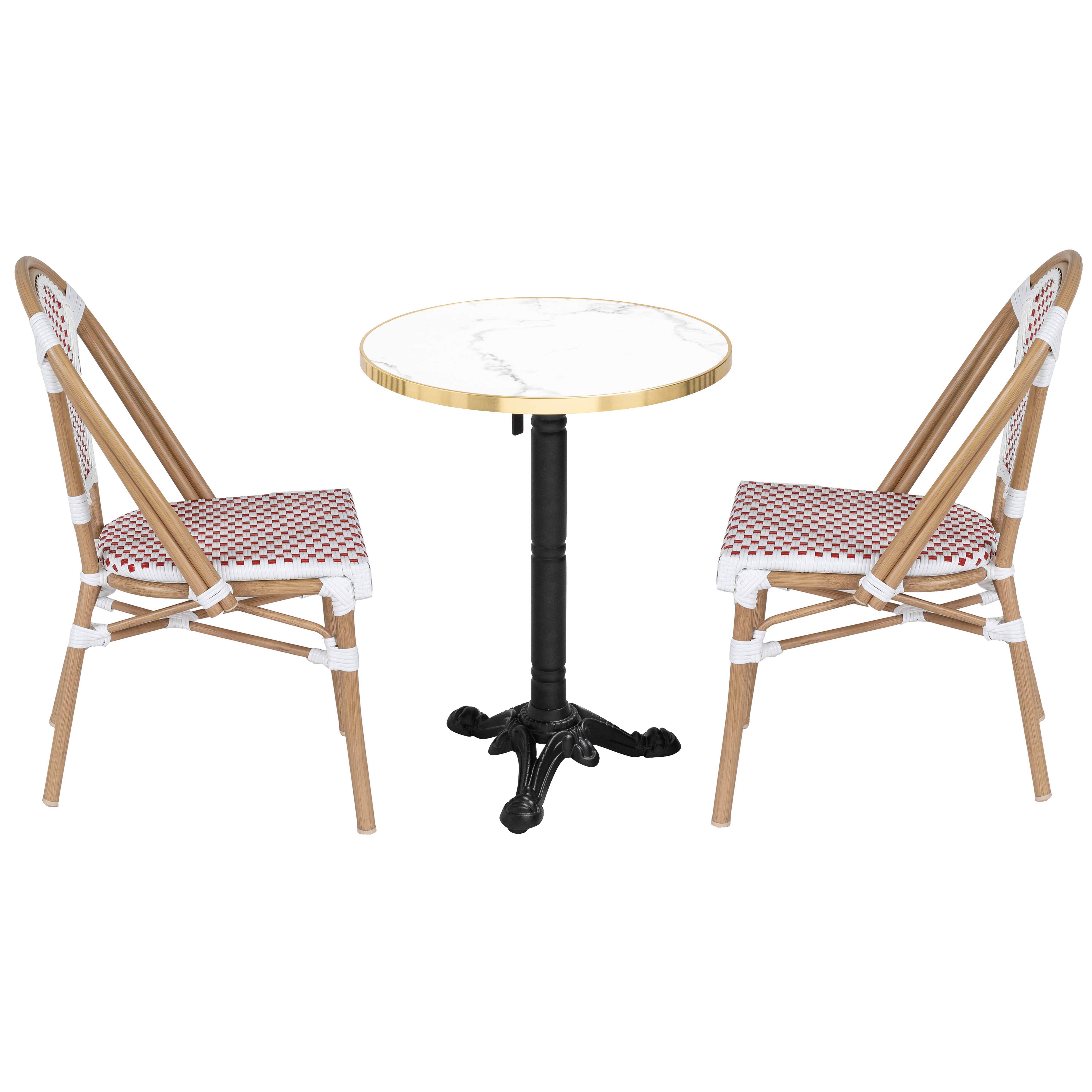 Table de terrasse bistrot inclinable effet marbre et pied en fonte Ø60 cm et 2 chaises en rotin synthétique et aluminium