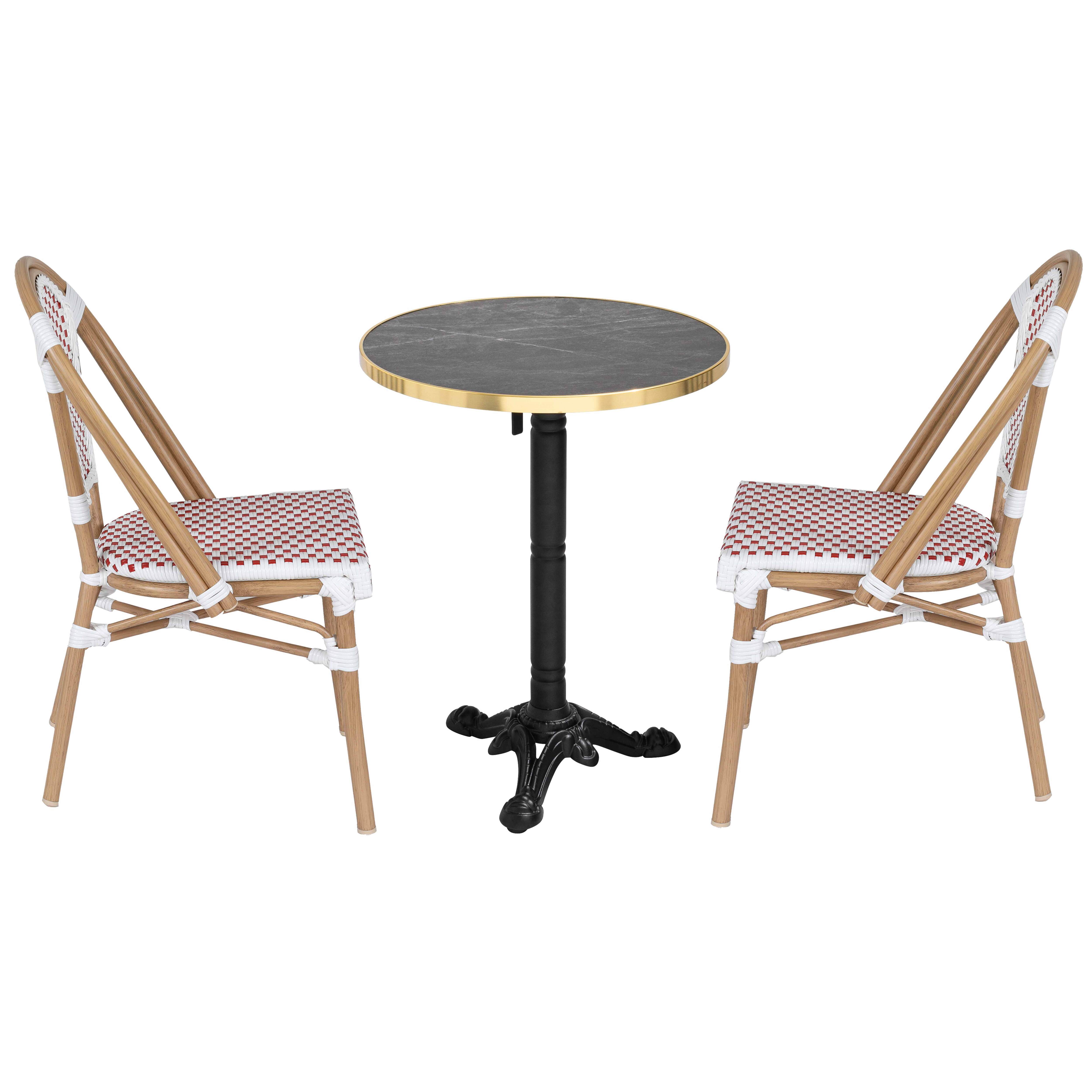 Table de terrasse bistrot inclinable effet marbre et pied en fonte Ø60 cm et 2 chaises en rotin synthétique et aluminium