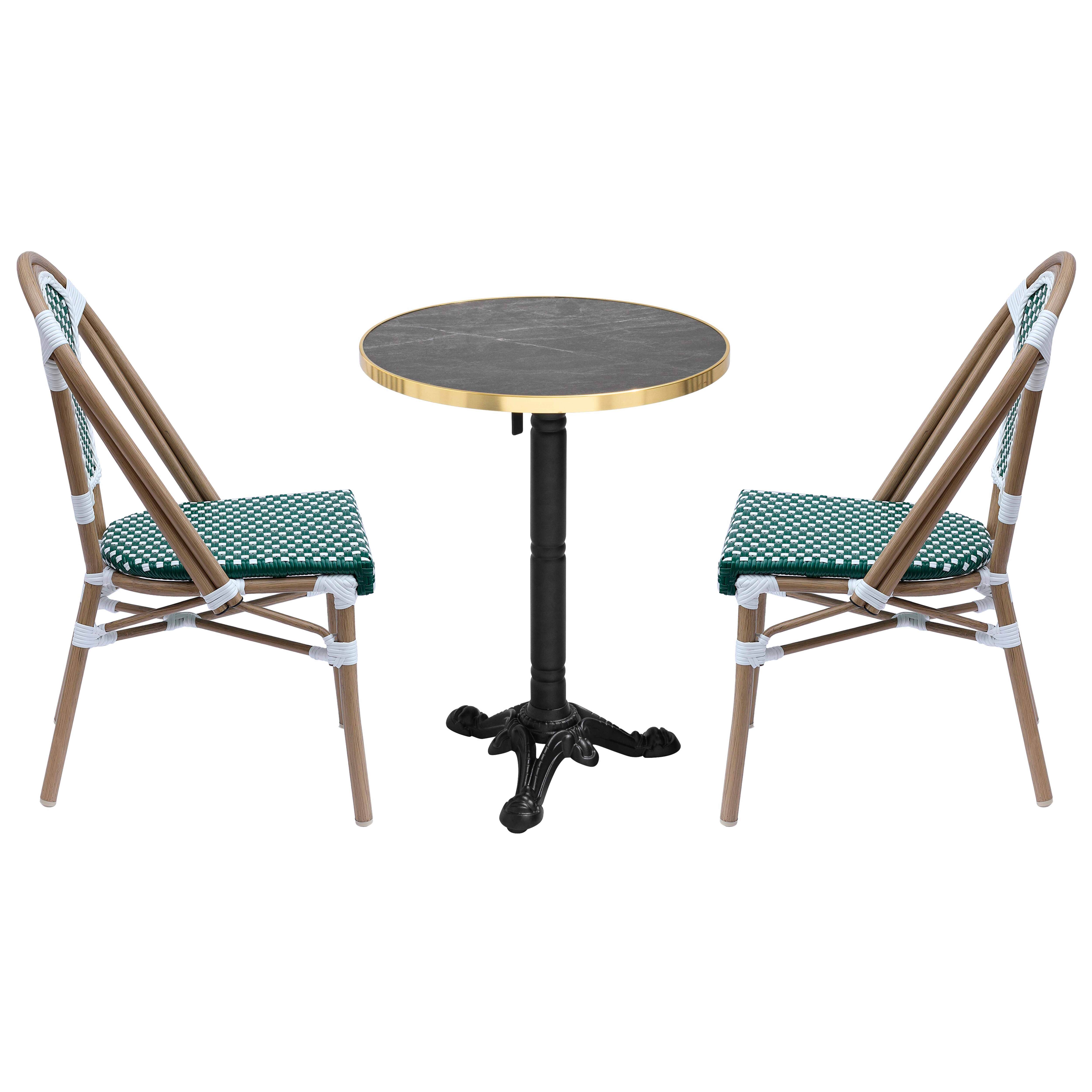 Table de terrasse bistrot inclinable effet marbre et pied en fonte Ø60 cm et 2 chaises en rotin synthétique et aluminium