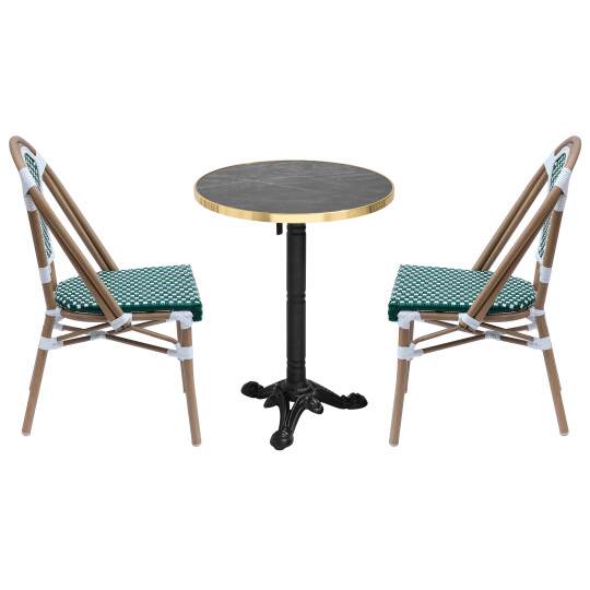 Table de terrasse bistrot inclinable effet marbre et pied en fonte Ø60 cm et 2 chaises en rotin synthétique et aluminium | Mobev