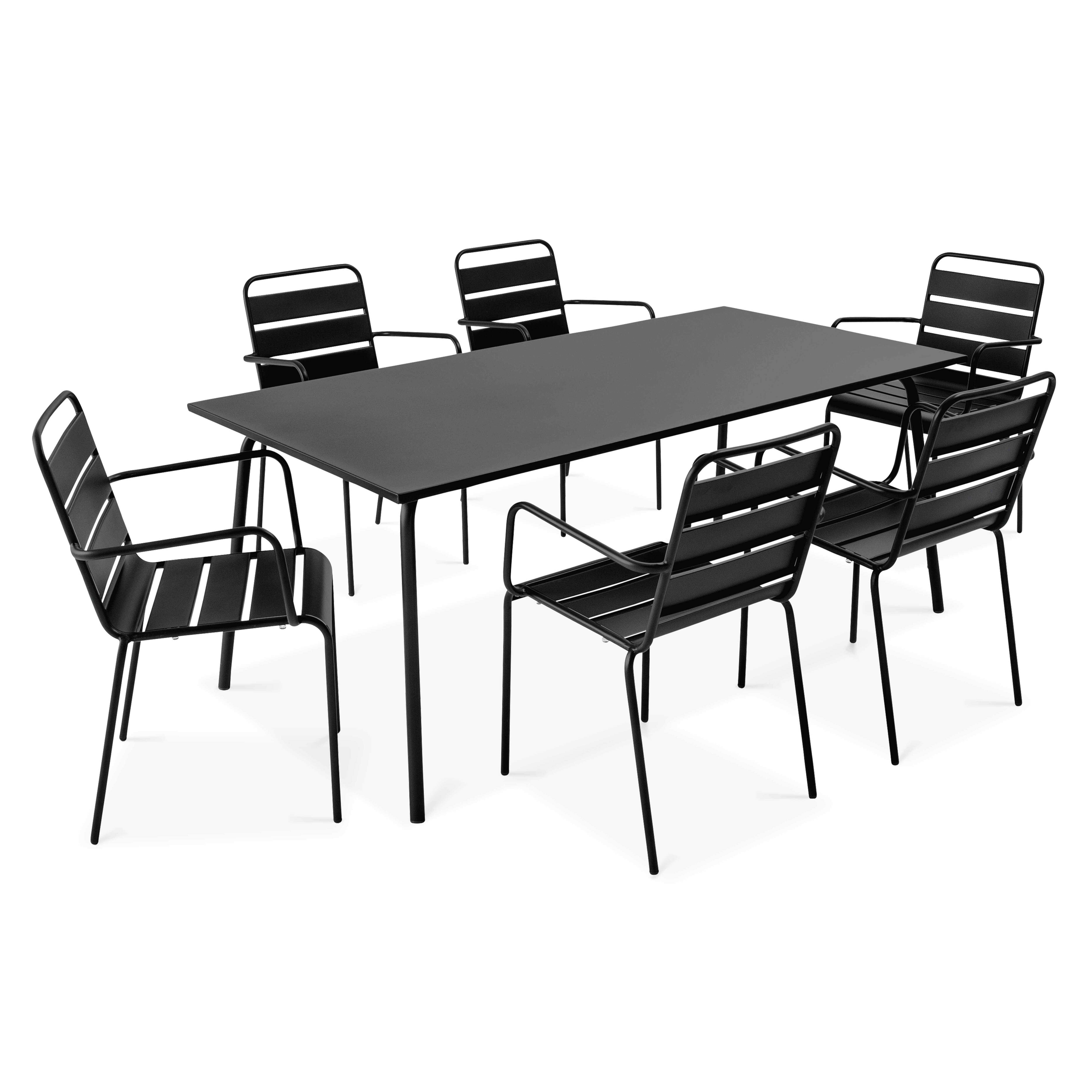 Table de terrasse en métal 180x90 cm et 6 chaises avec accoudoirs
