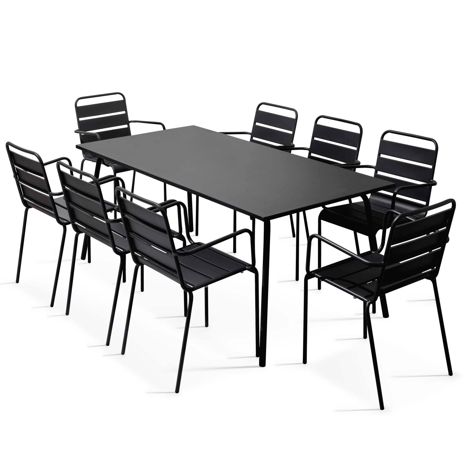 Ensemble table rectangulaire 180 cm et 8 fauteuils en métal