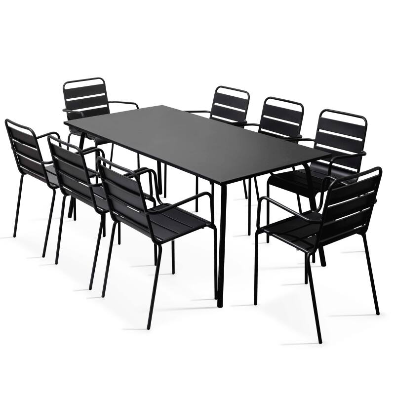 Ensemble table rectangulaire 180 cm et 8 fauteuils en métal
