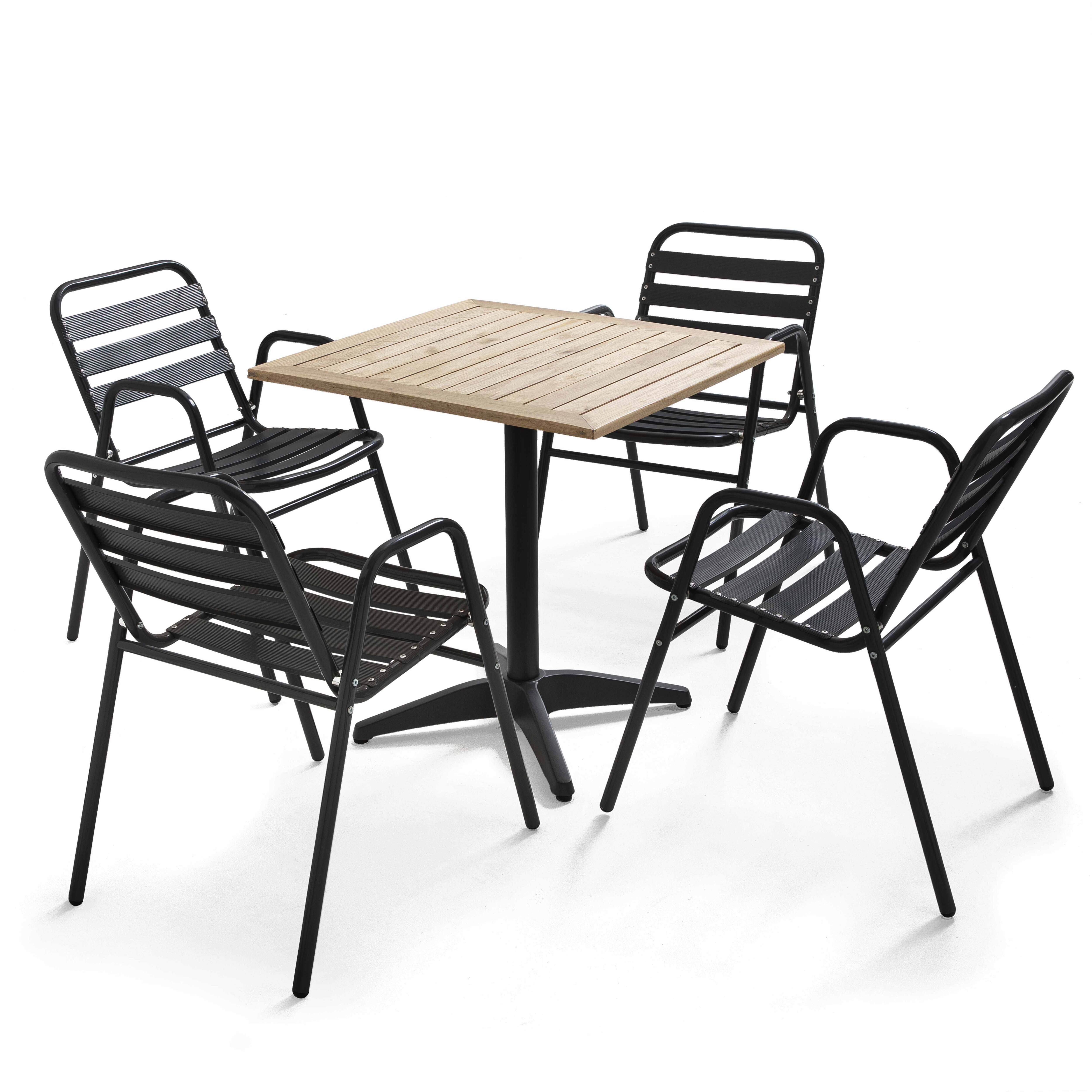 Table de terrasse bistrot carrée en bois 70x70 cm et 4 chaises avec accoudoirs en aluminium