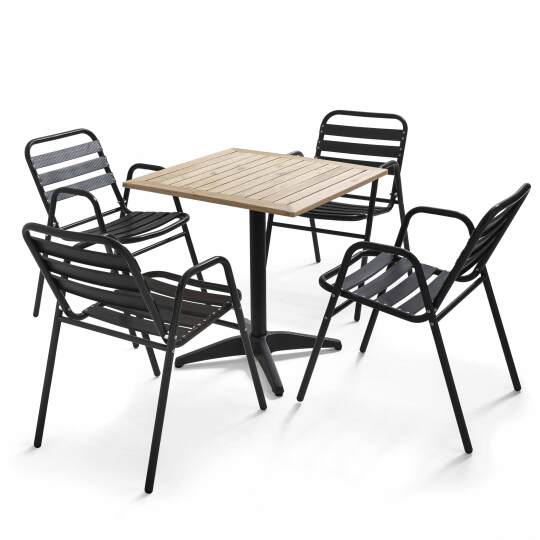 Table de terrasse carrée en bois (70 cm) et 4 chaises en aluminium