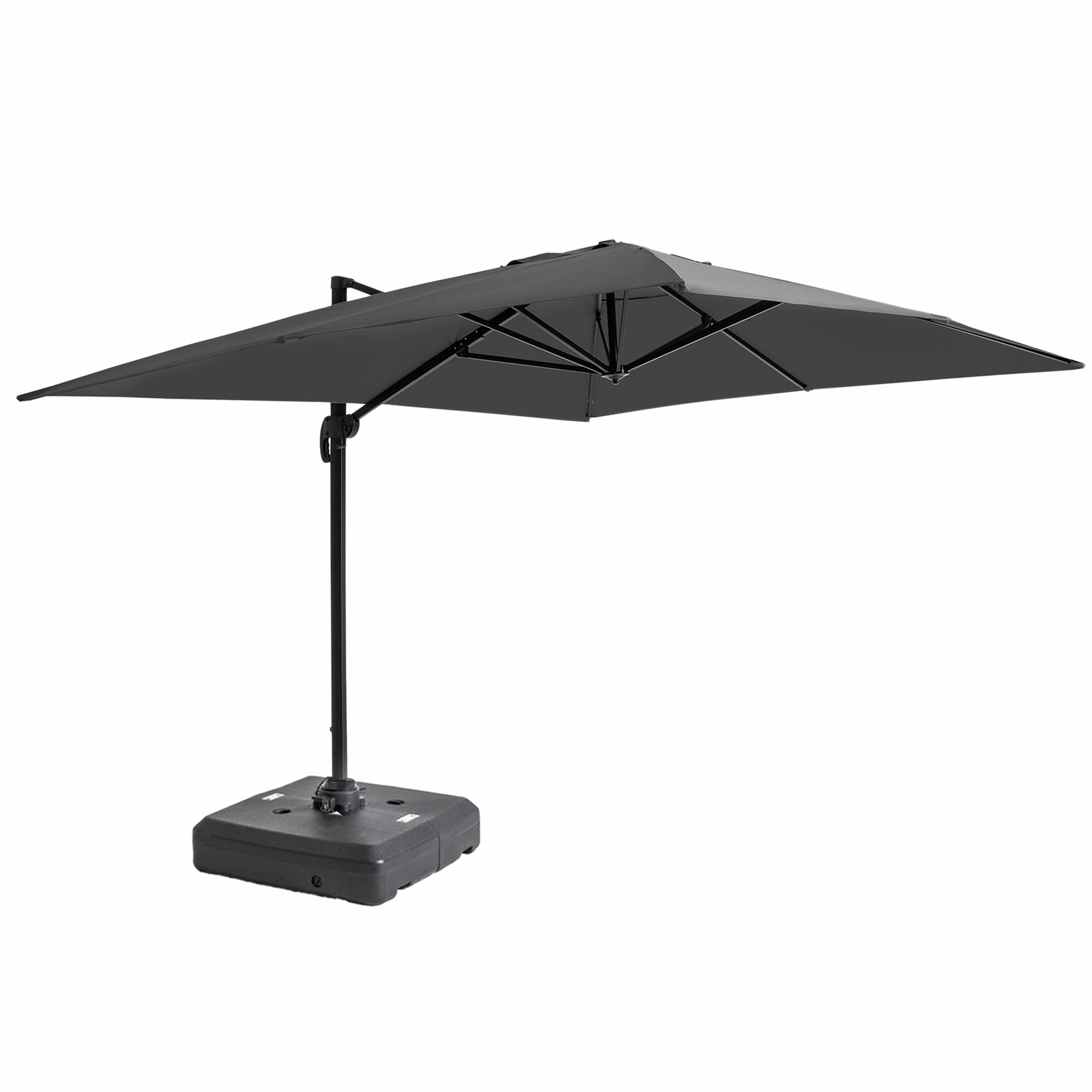 Parasol déporté professionnel 4x3 m rectangulaire inclinable 240g/m² rotatif 360° et dalle à lester sur roues 100L