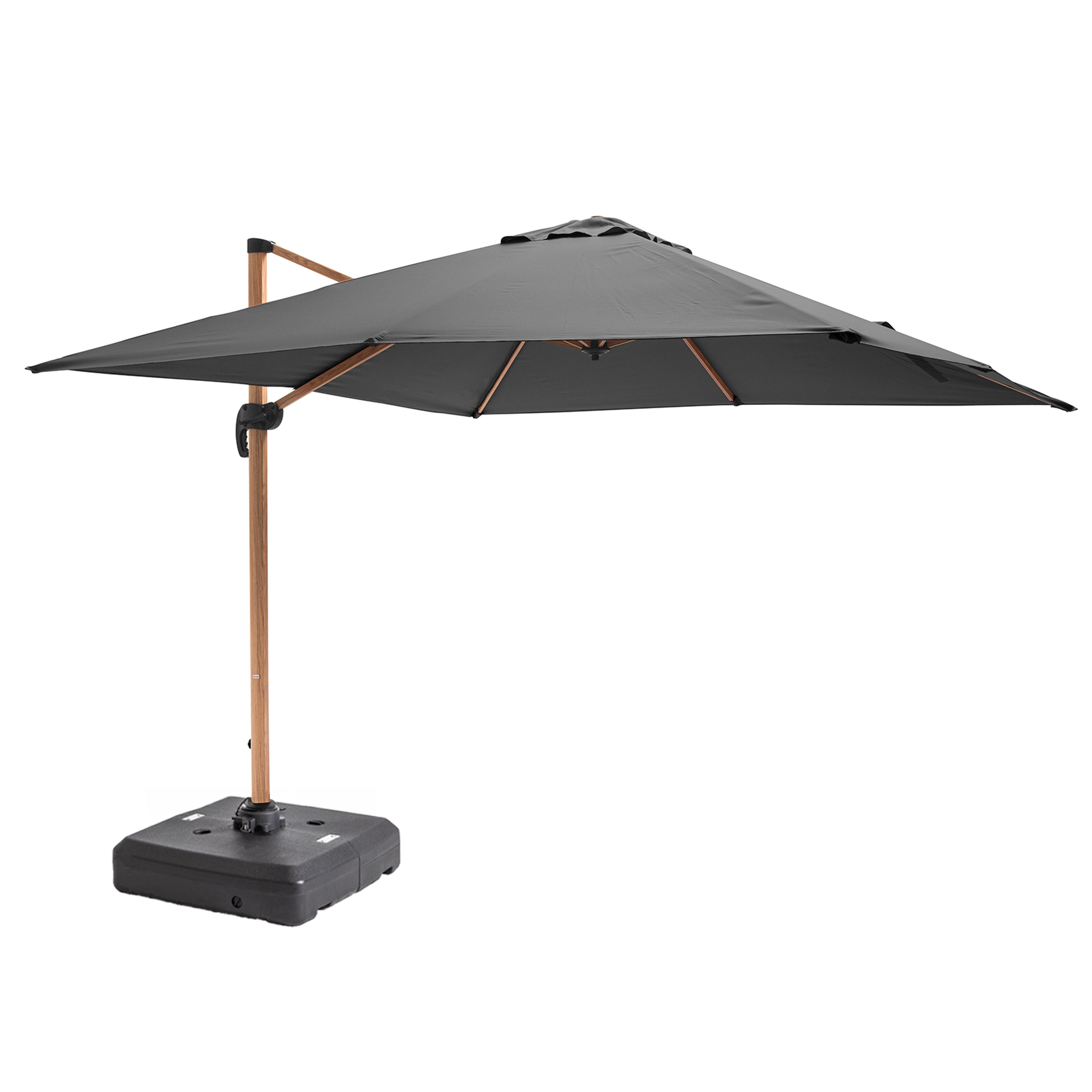 Parasol déporté professionnel 3x3 m carré inclinable 250g/m² rotatif 360° et dalle à lester sur roues 100 L
