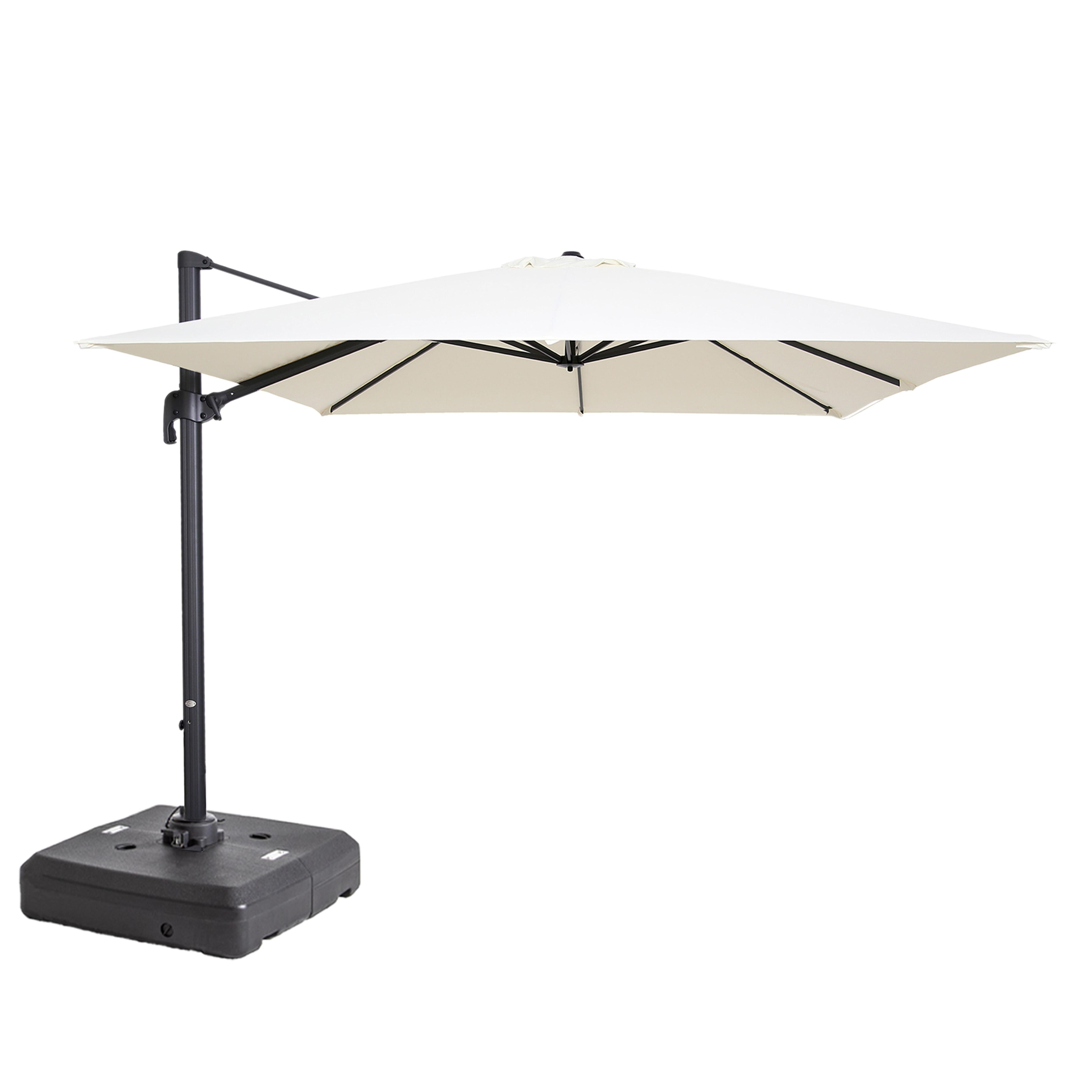 Parasol déporté professionnel 3x3 m carré inclinable 250g/m² rotatif 360° et dalle à lester sur roues 100 L