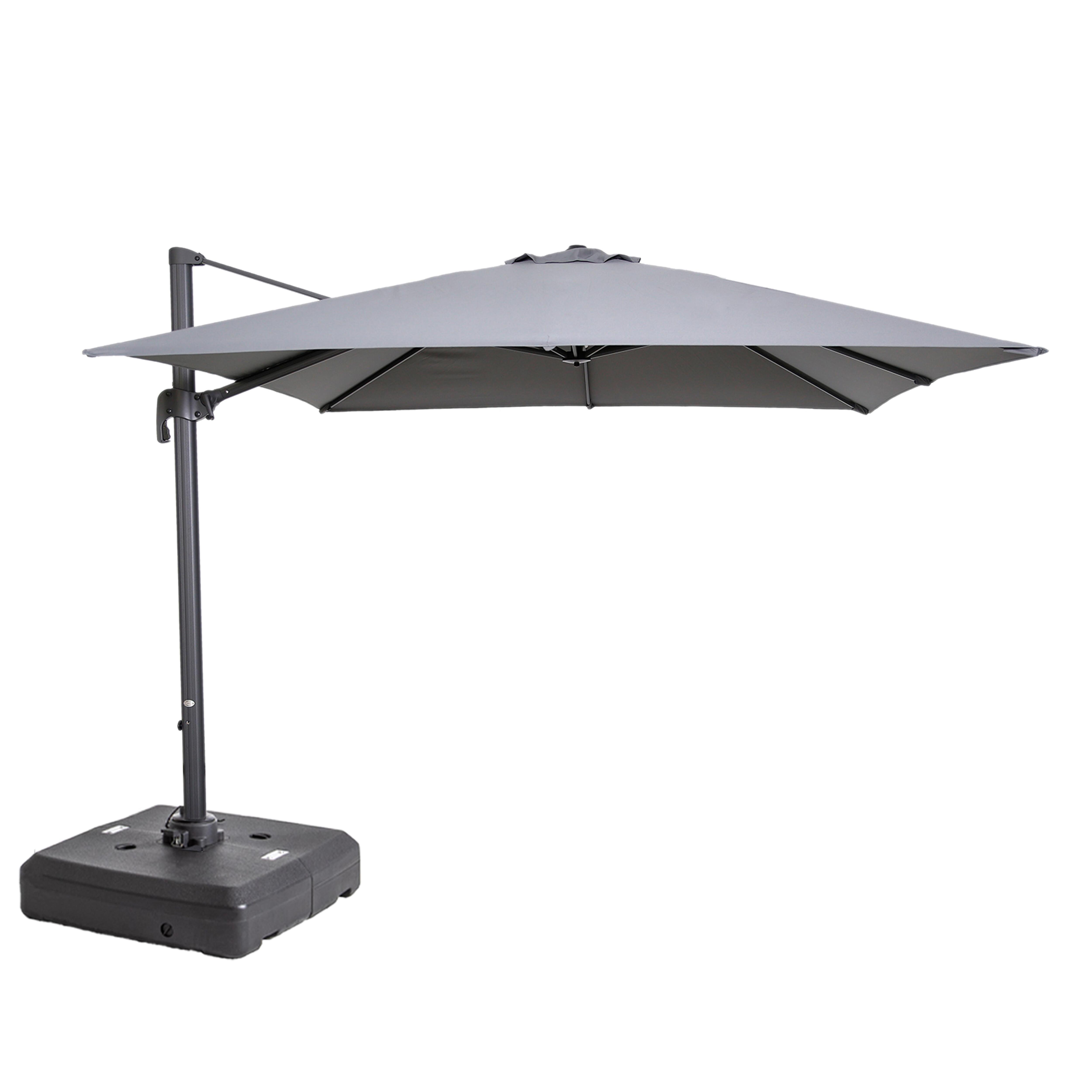 Parasol déporté professionnel 3x3 m carré inclinable 250g/m² rotatif 360° et dalle à lester sur roues 100 L