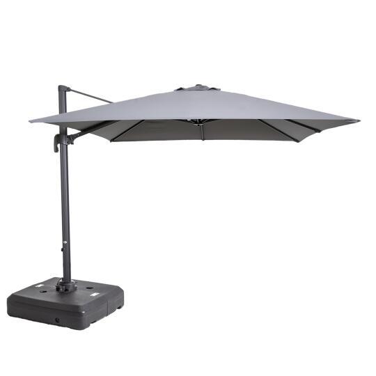 Parasol déporté professionnel 3x3 m carré inclinable 250g/m² rotatif 360° et dalle à lester sur roues 100 L | Mobeventpro