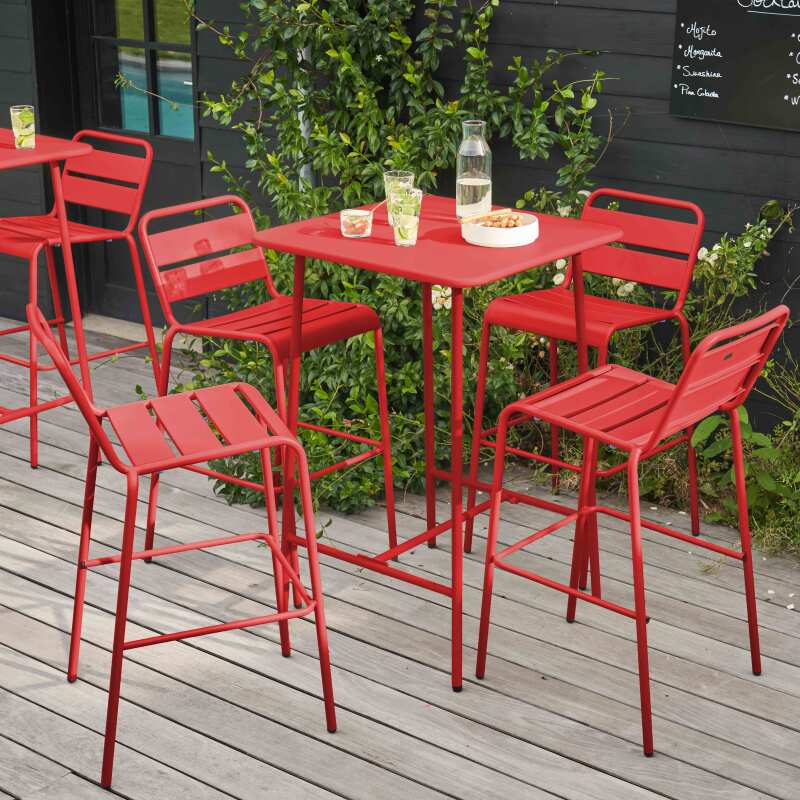 Table de bar (70 cm) et 4 chaises hautes en métal